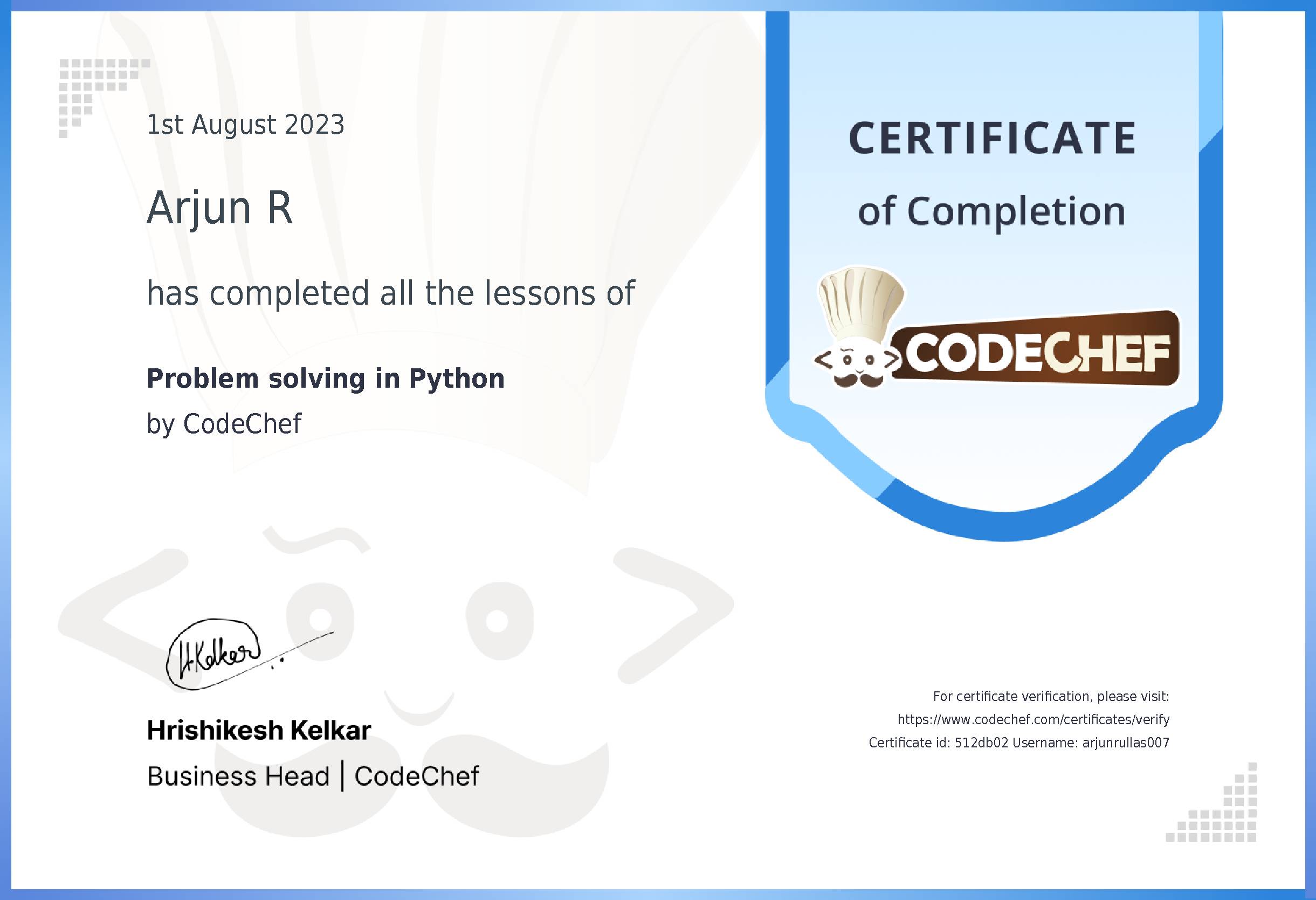 Awarded to Arjun R for completing <a href='/learn/course/python-beginner-v2-p1'>Python for problem solving - 1</a>