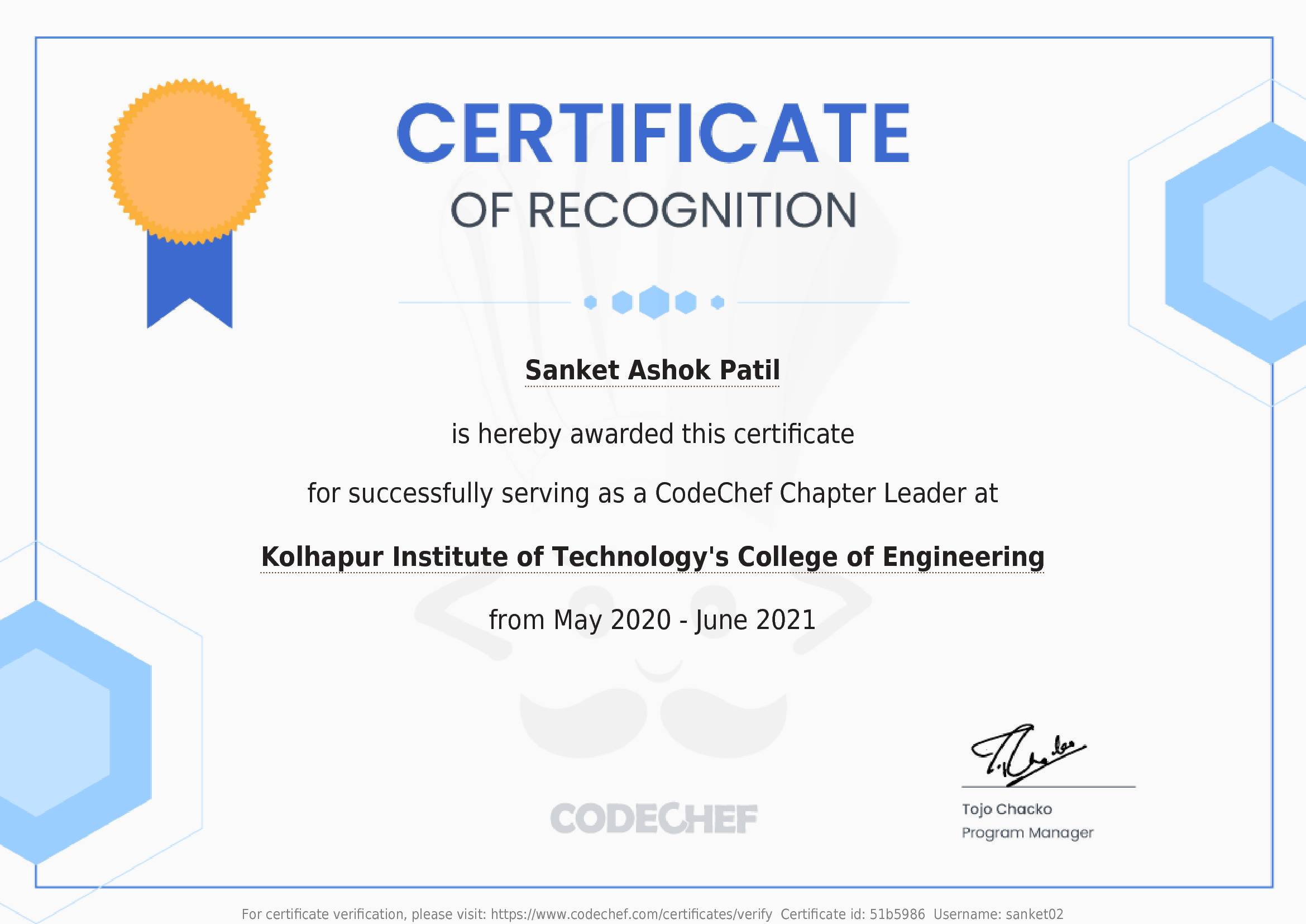 Awarded to Sanket Ashok Patil