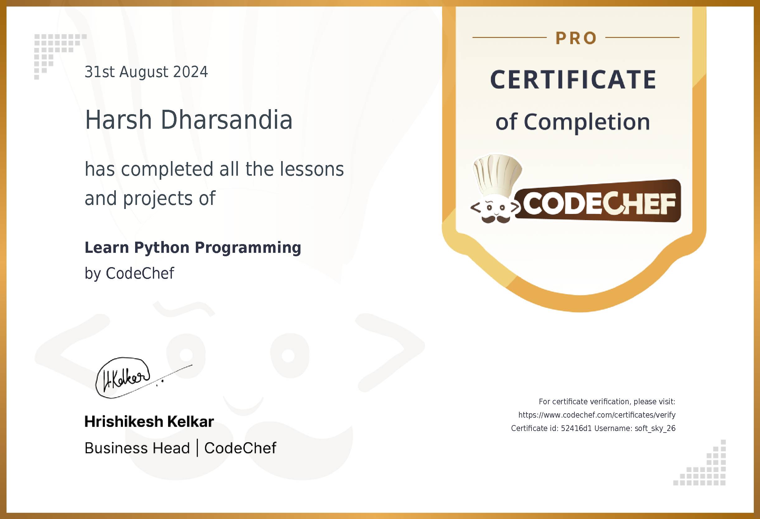 Awarded to Harsh Dharsandia for completing <a href='/learn/course/python'>Learn Python Programming</a>