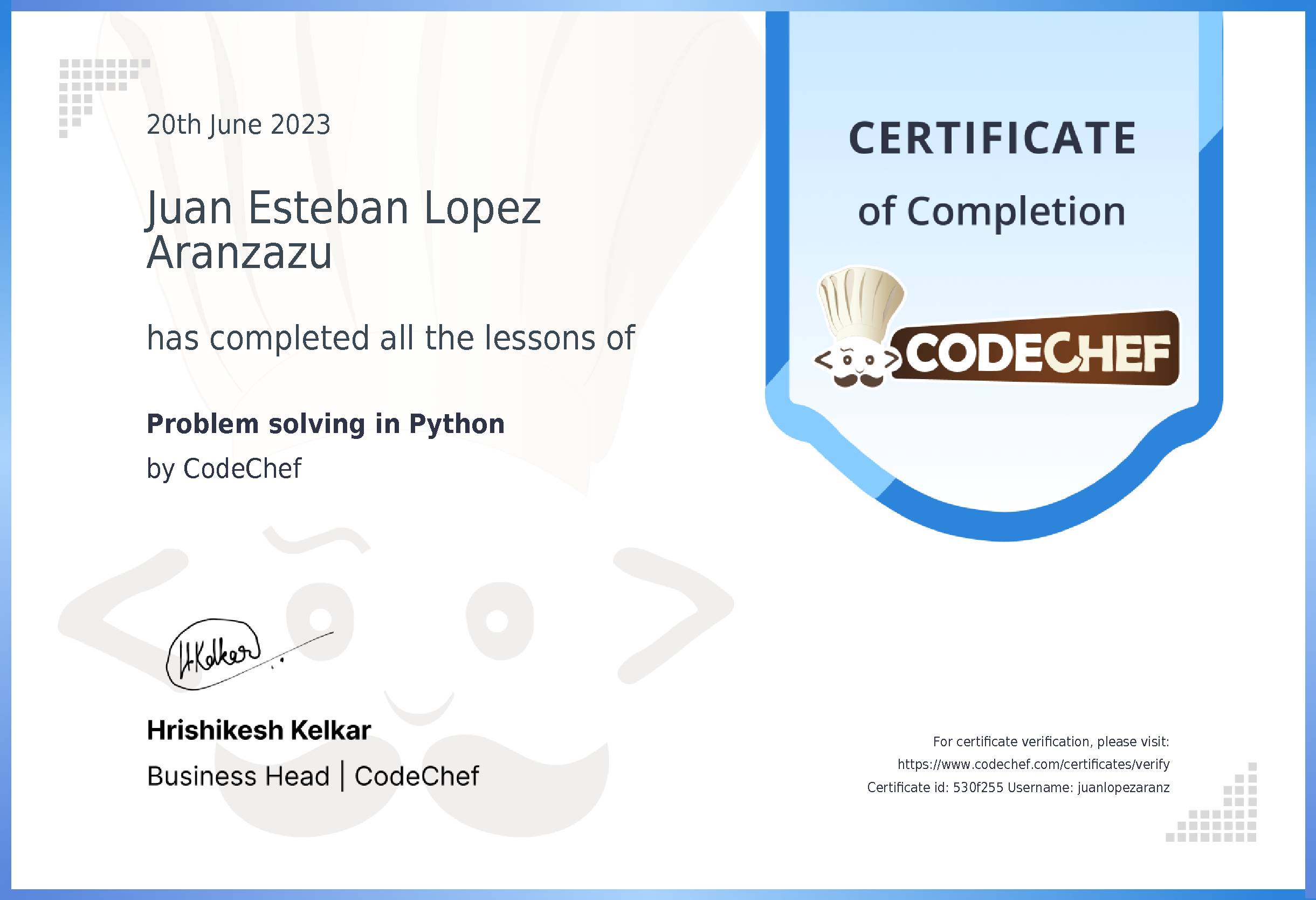 Awarded to Juan Esteban Lopez Aranzazu for completing <a href='/learn/course/python-beginner-v2-p1'>Python for problem solving - 1</a>