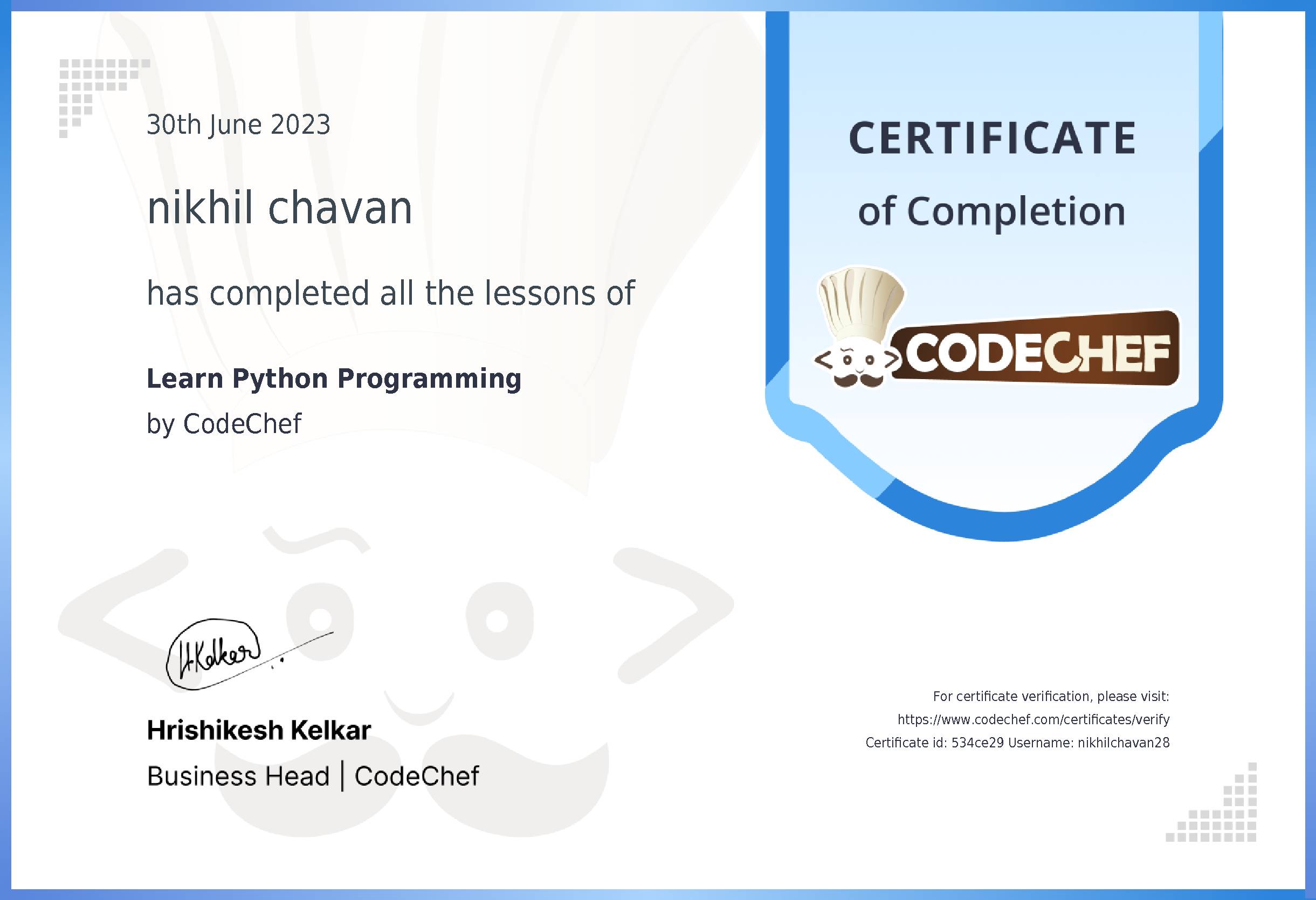 Awarded to nikhil chavan for completing <a href='/learn/course/python'>Learn Python</a>