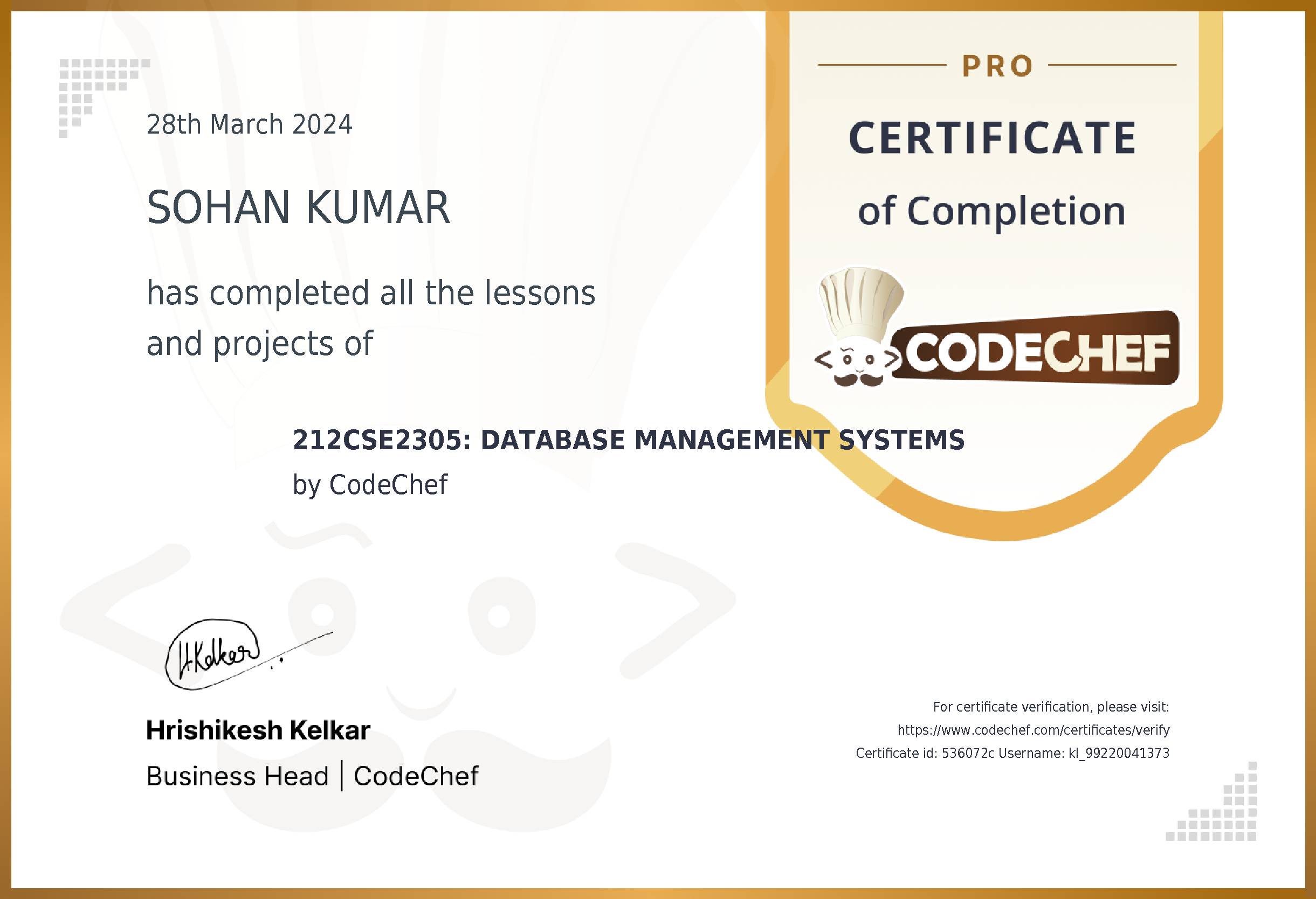 Awarded to SOHAN KUMAR for completing <a href='/learn/course/kl-dbms-cs'>212CSE2305: DATABASE MANAGEMENT SYSTEMS</a>