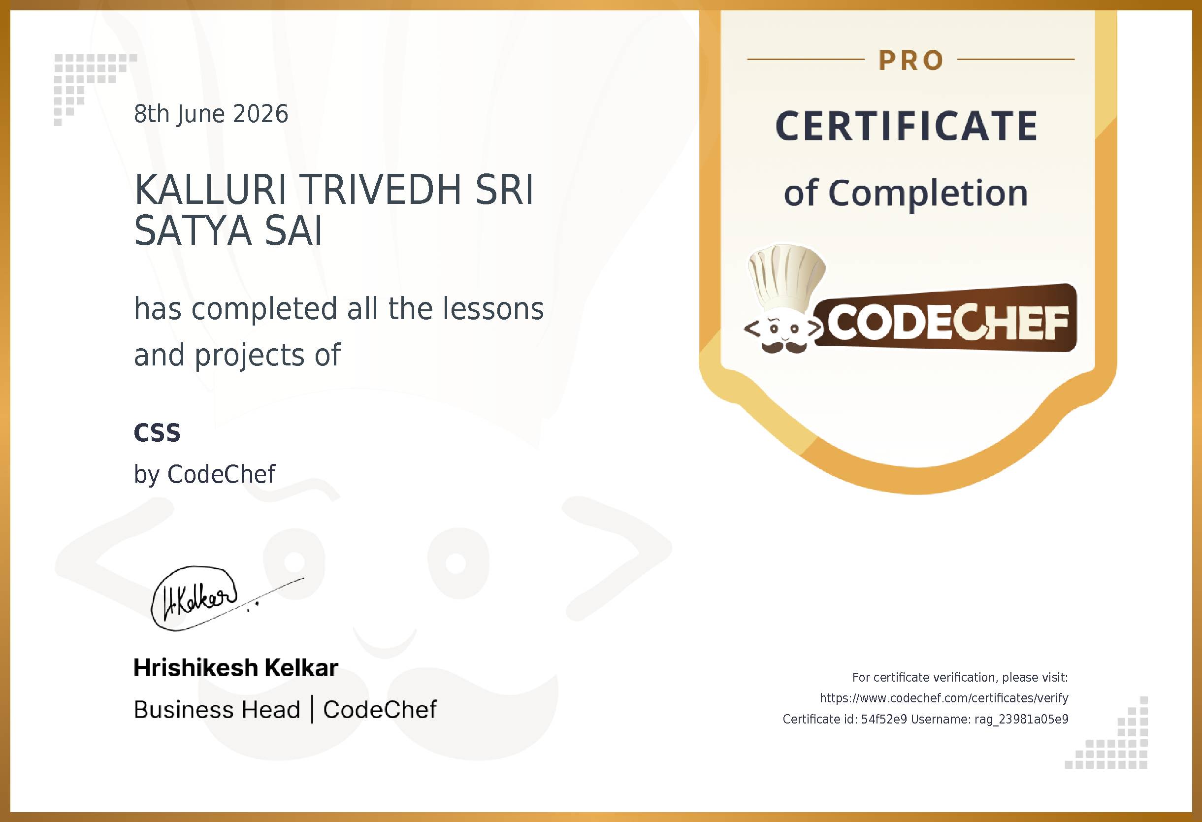 Awarded to KALLURI TRIVEDH SRI SATYA SAI for completing <a href='/learn/course/css'>CSS</a>