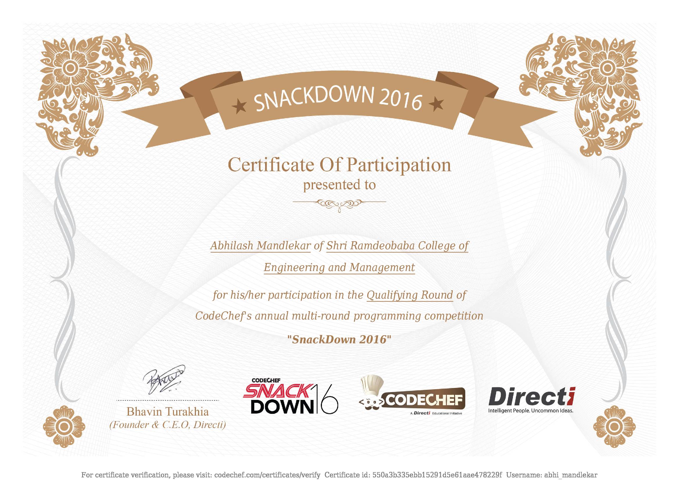 Awarded to Abhilash Mandlekar