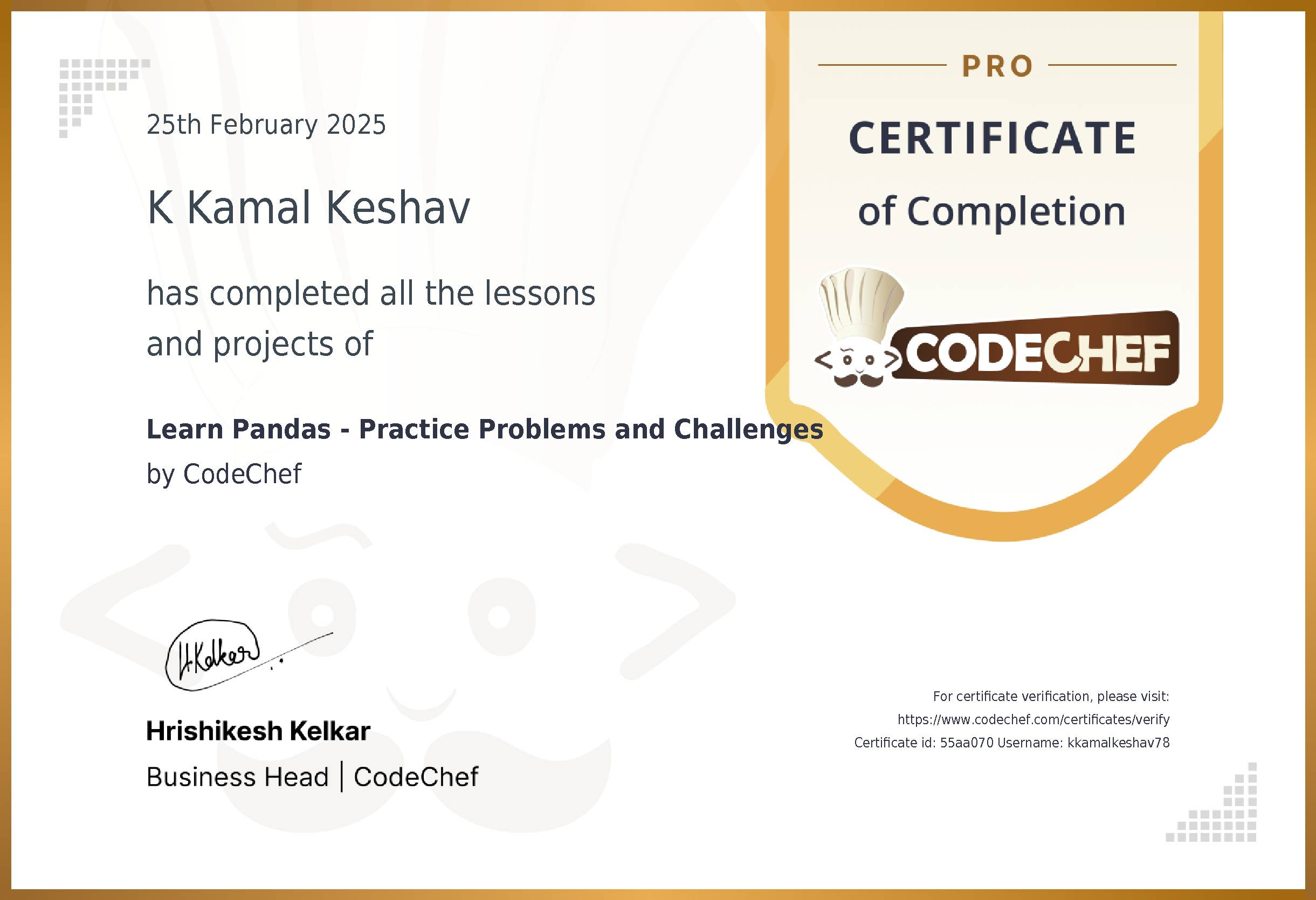 Awarded to K Kamal Keshav for completing <a href='/learn/course/pandas'>Learn Pandas - Practice Problems and Challenges</a>