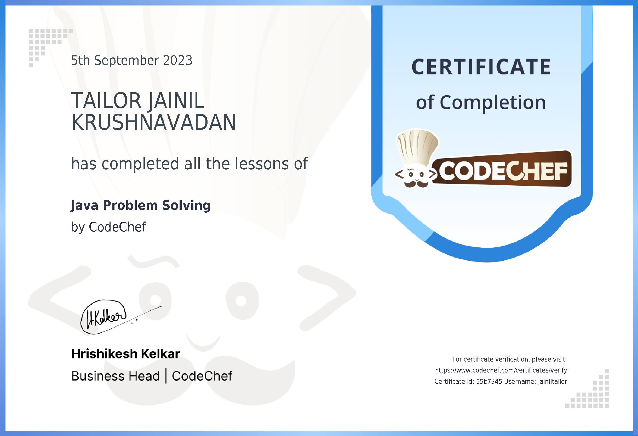 Awarded to TAILOR JAINIL KRUSHNAVADAN for completing <a href='/learn/course/java-beginner-v2-p1'>Java for problem solving - 1</a>