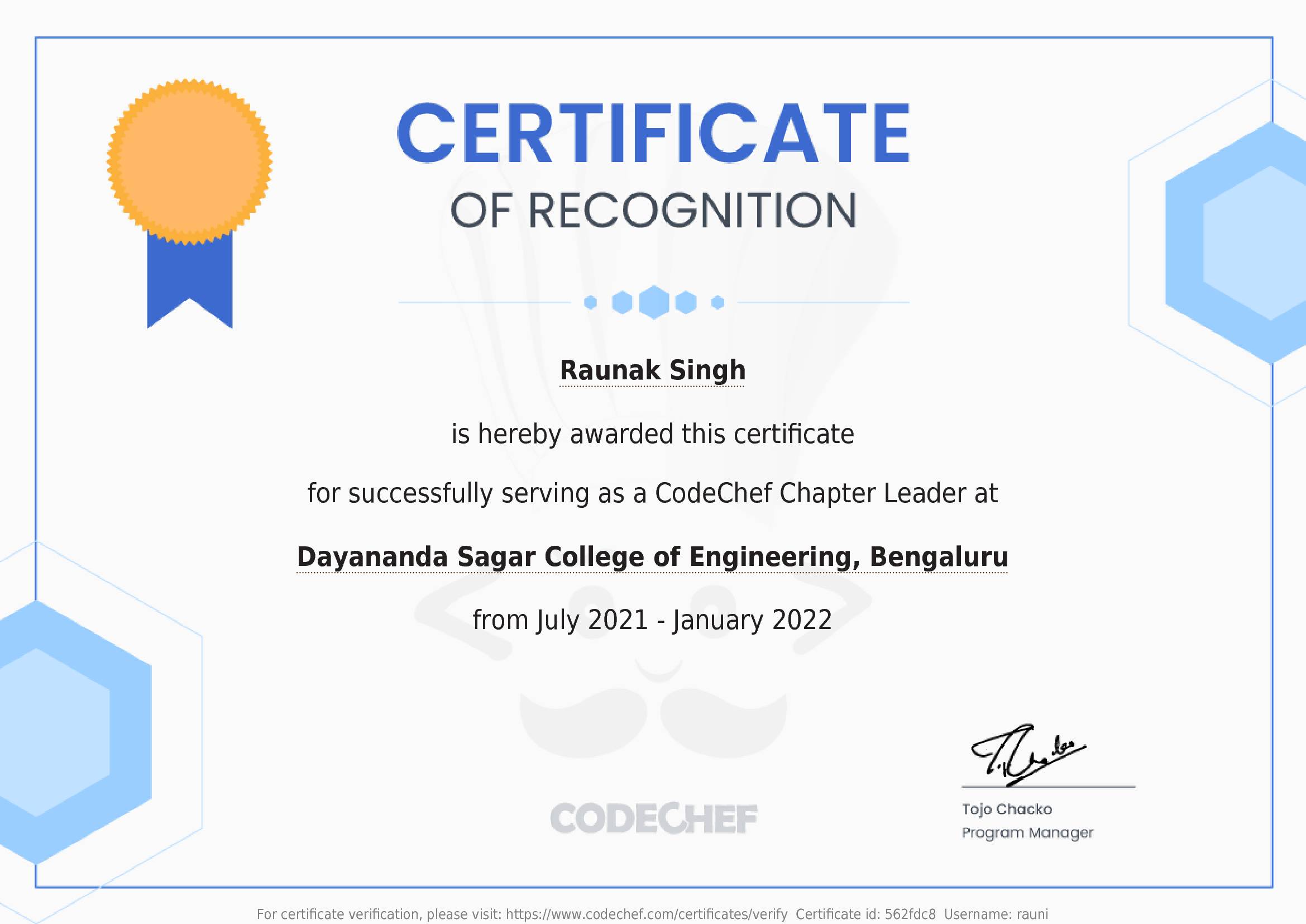 Awarded to Raunak Singh