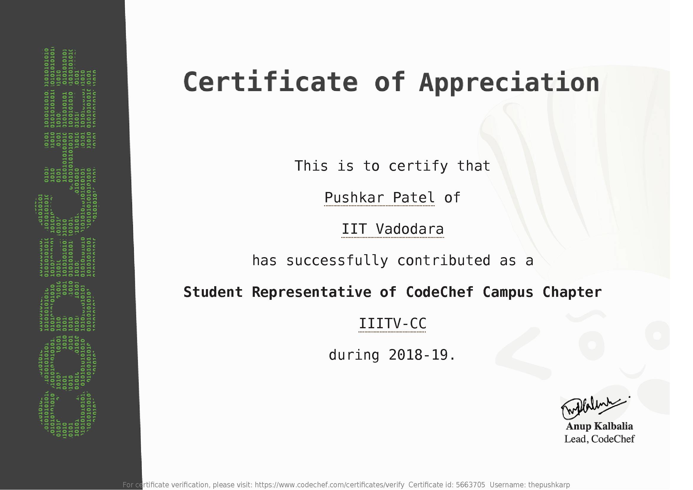 Awarded to Pushkar Patel