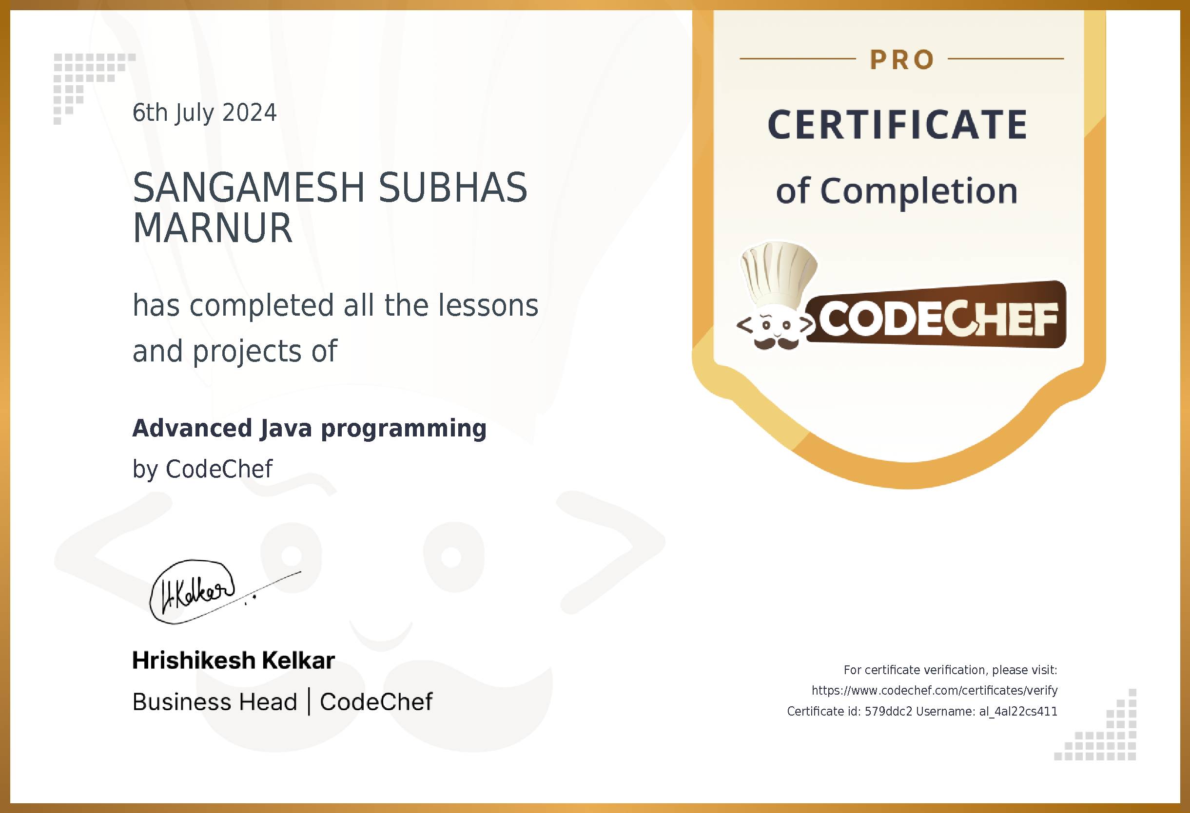 Awarded to SANGAMESH SUBHAS MARNUR for completing <a href='/learn/course/alvas-advanced-java'>Advanced Java programming</a>