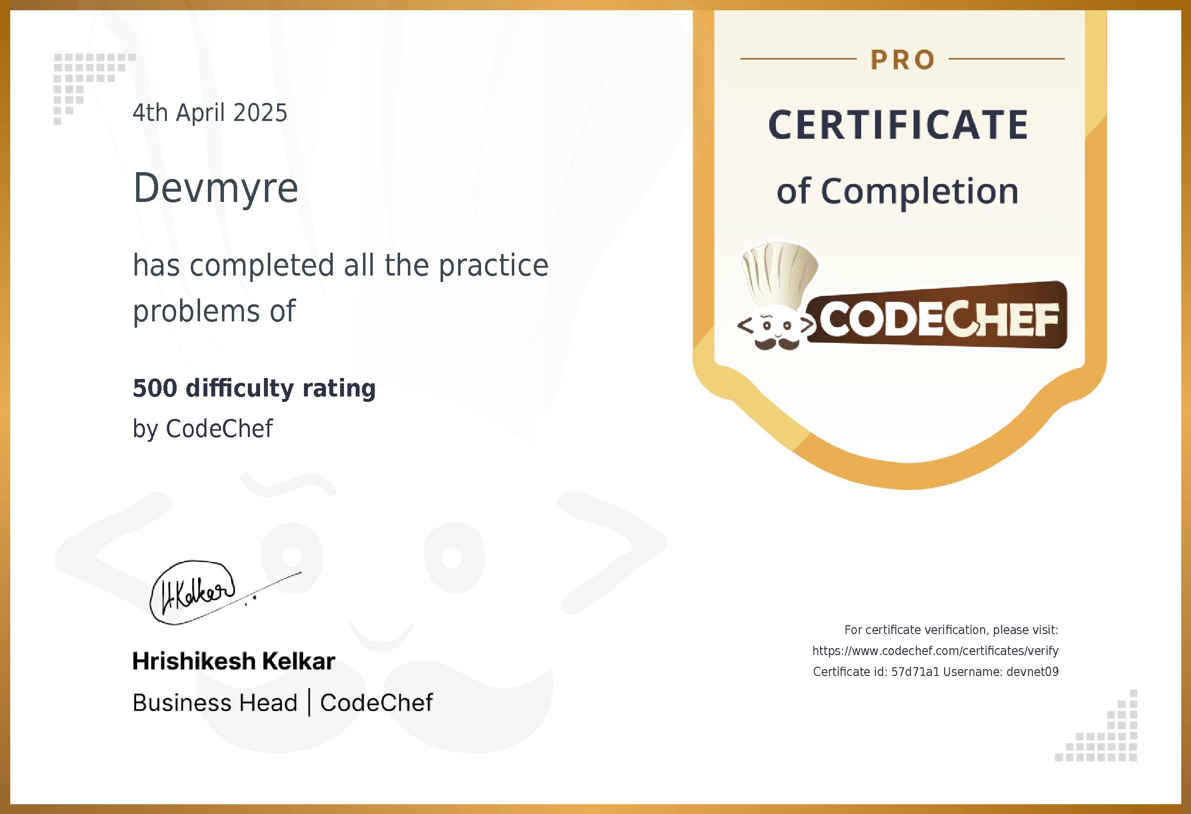 Awarded to Devmyre for completing <a href='/practice/basic-programming-concepts'>500 difficulty rating</a>
