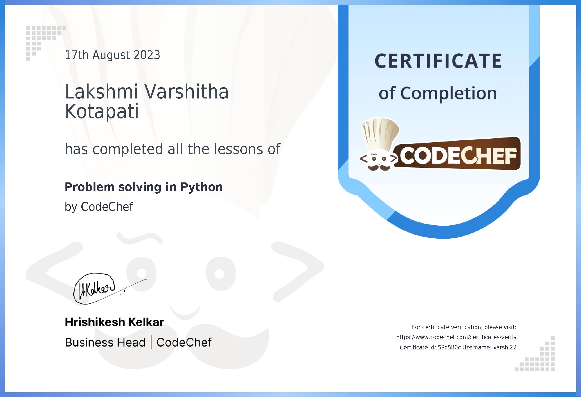 Awarded to Lakshmi Varshitha Kotapati for completing <a href='/learn/course/python-beginner-v2-p1'>Python for problem solving - 1</a>