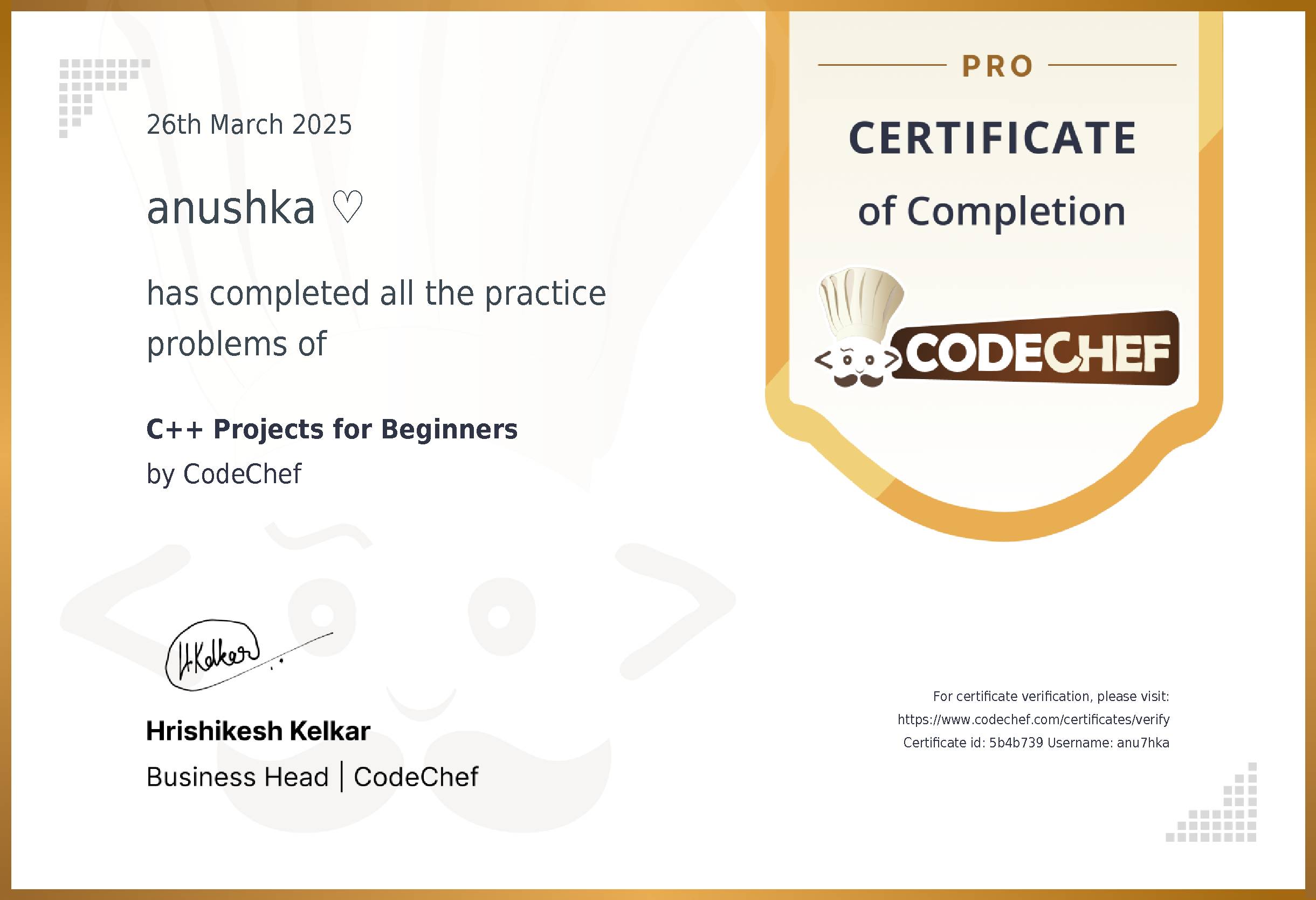 Awarded to anushka ? for completing <a href='/practice/projects-cpp'>C++ Projects for Beginners</a>