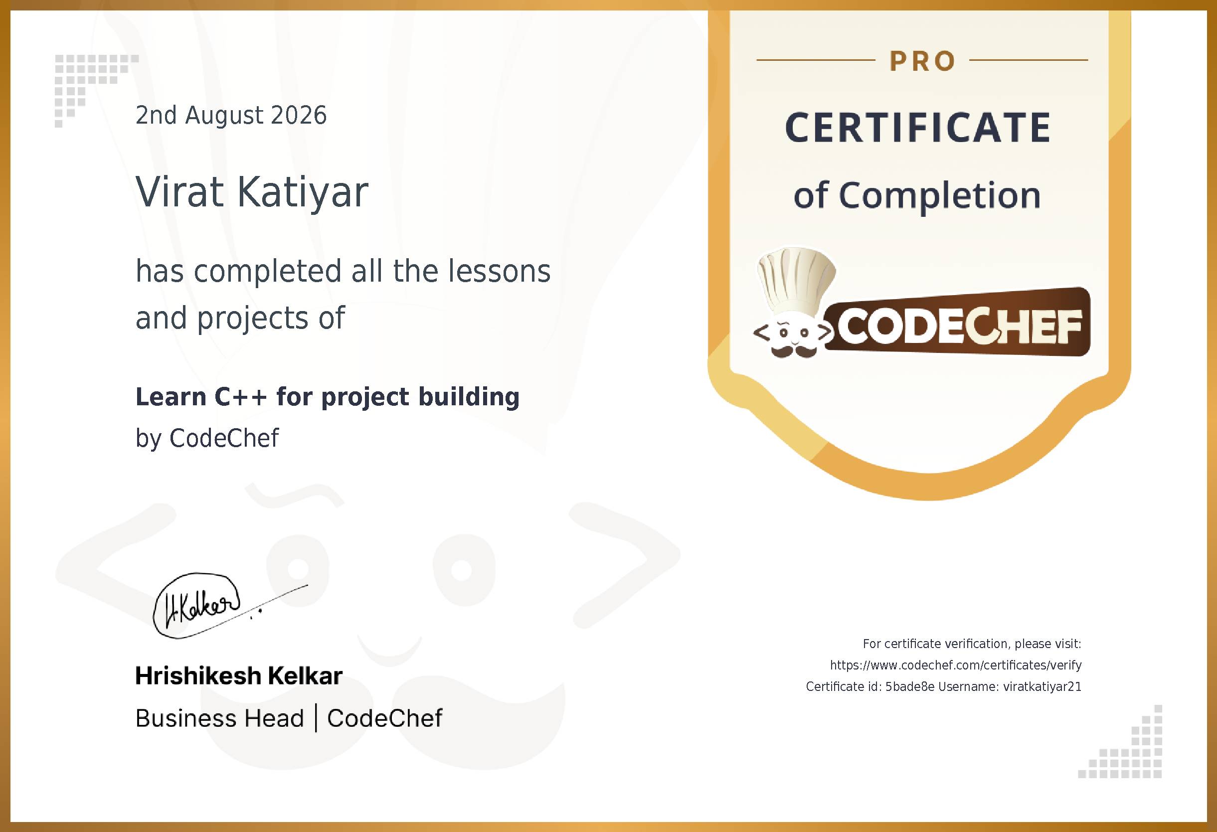 Awarded to Virat Katiyar for completing <a href='/learn/course/cpp-development'>Learn C++ for project building</a>