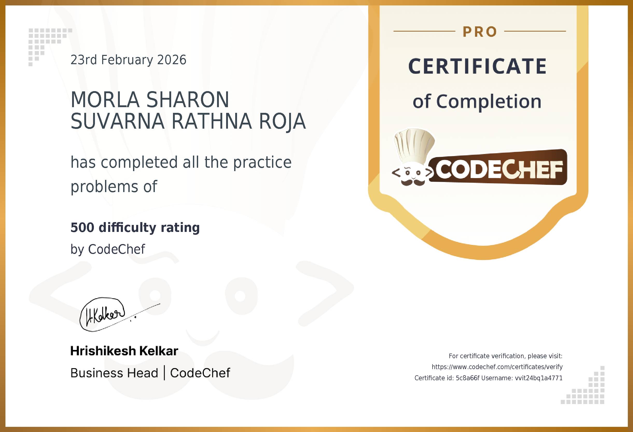 Awarded to MORLA SHARON SUVARNA RATHNA ROJA for completing <a href='/practice/basic-programming-concepts'>500 difficulty rating</a>