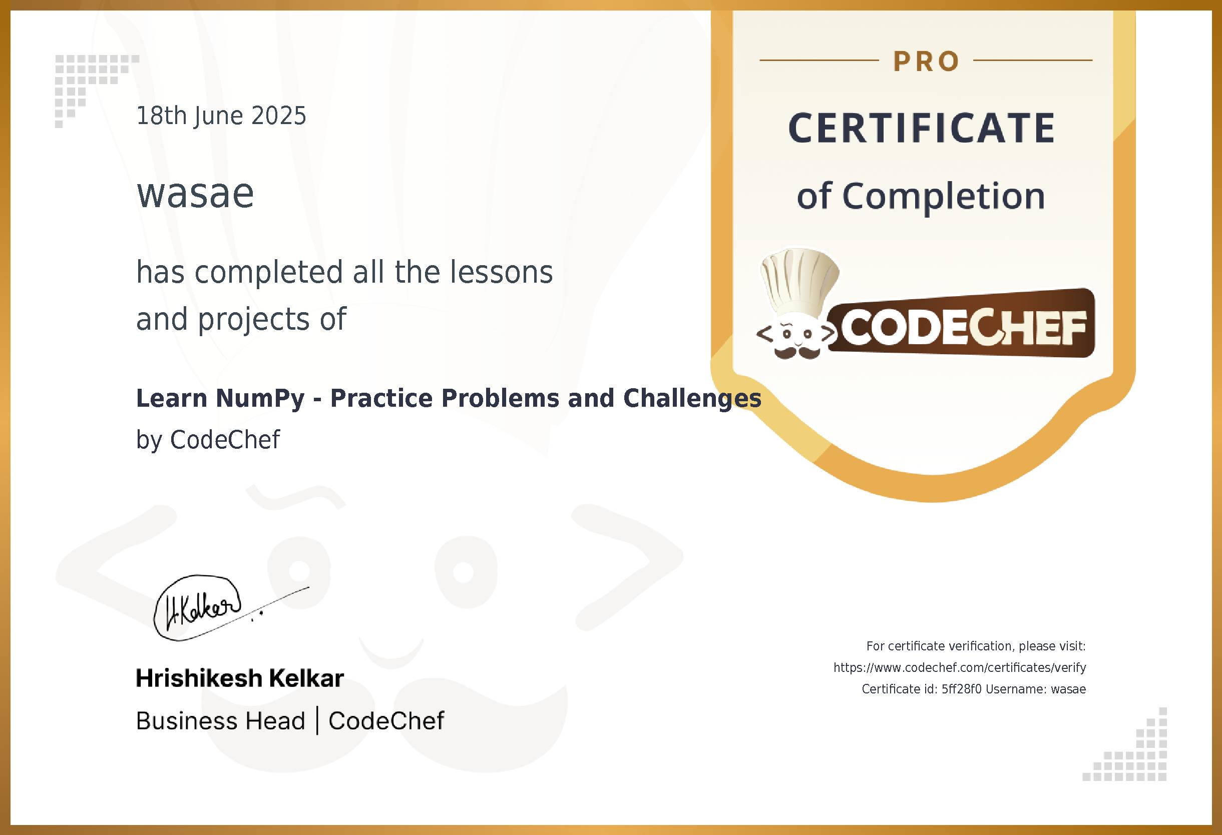 Awarded to wasae for completing <a href='/learn/course/numpy'>Learn NumPy - Practice Problems and Challenges</a>