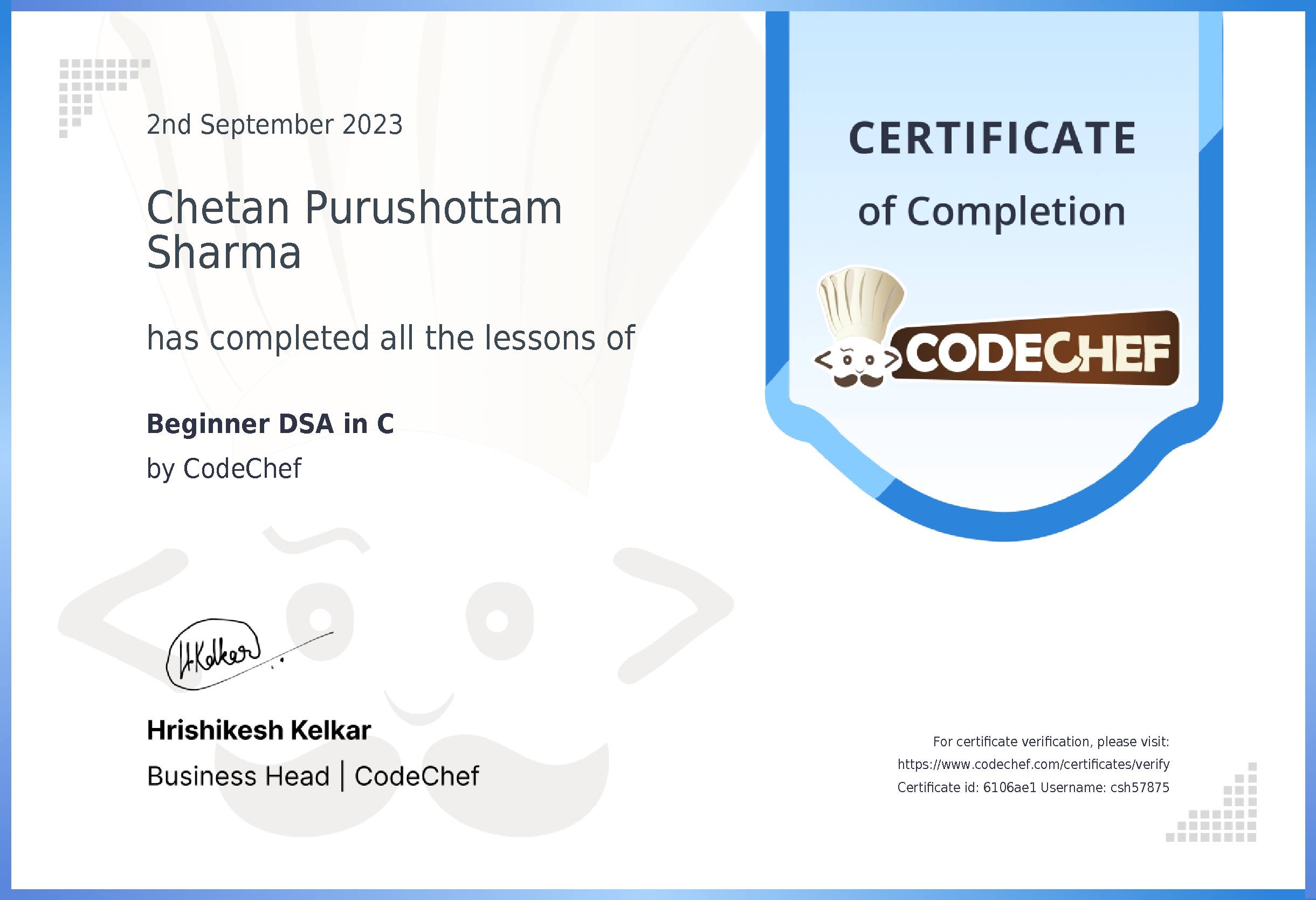 Awarded to Chetan Purushottam Sharma for completing <a href='/learn/course/c-beginner-v2-p2'>C for problem solving - 2</a>