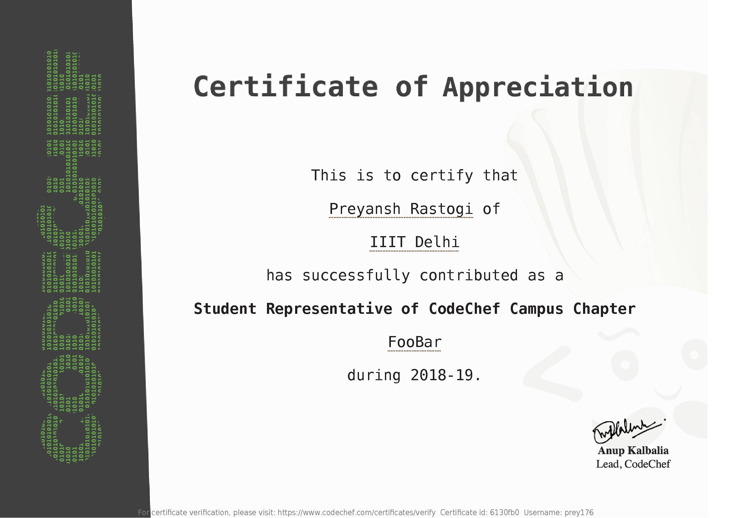 Awarded to Preyansh Rastogi