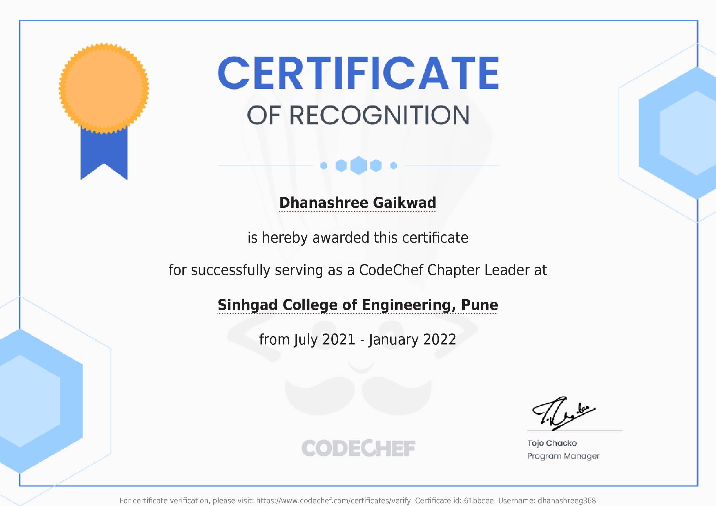 Awarded to Dhanashree Gaikwad