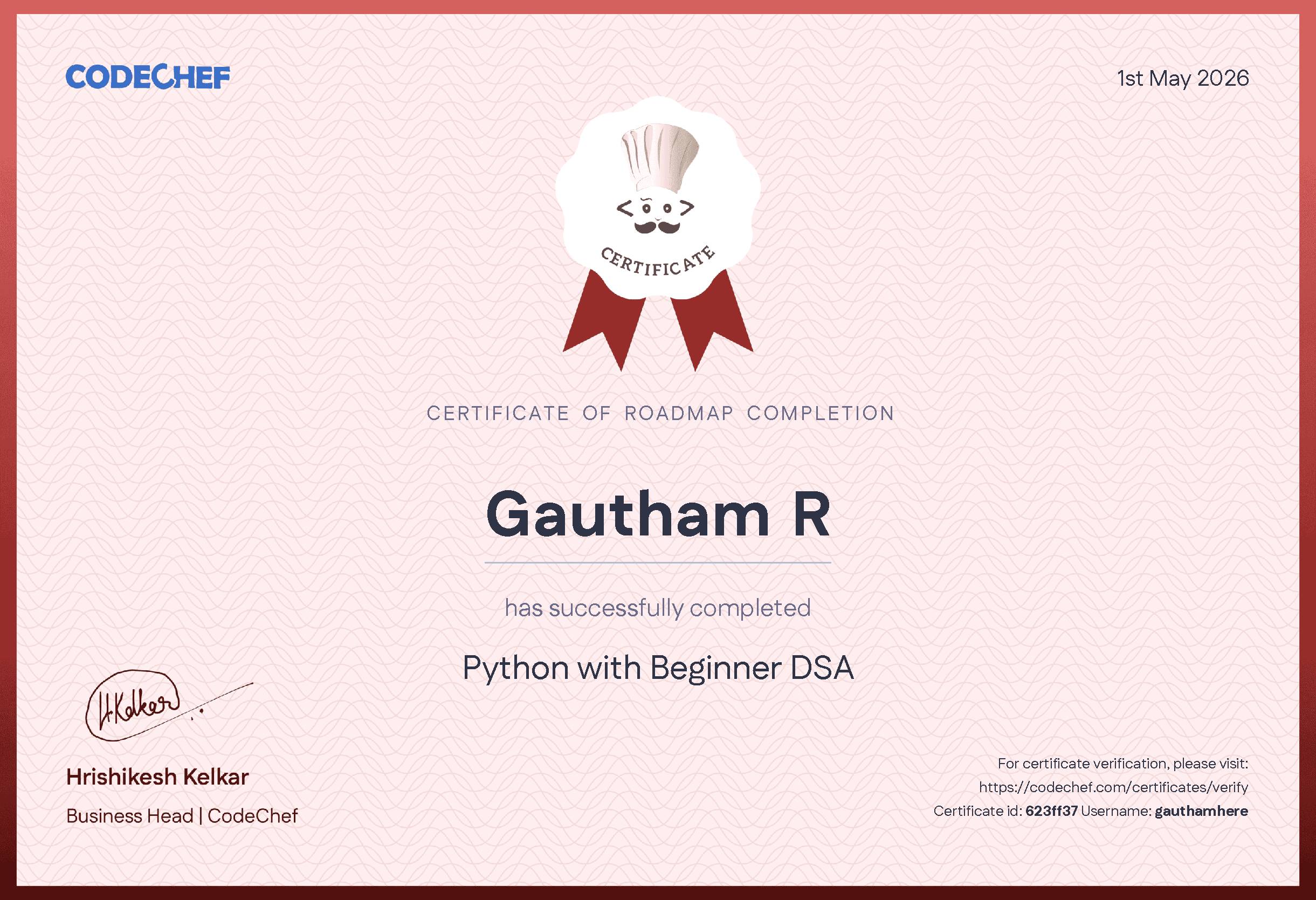 Awarded to Gautham R 