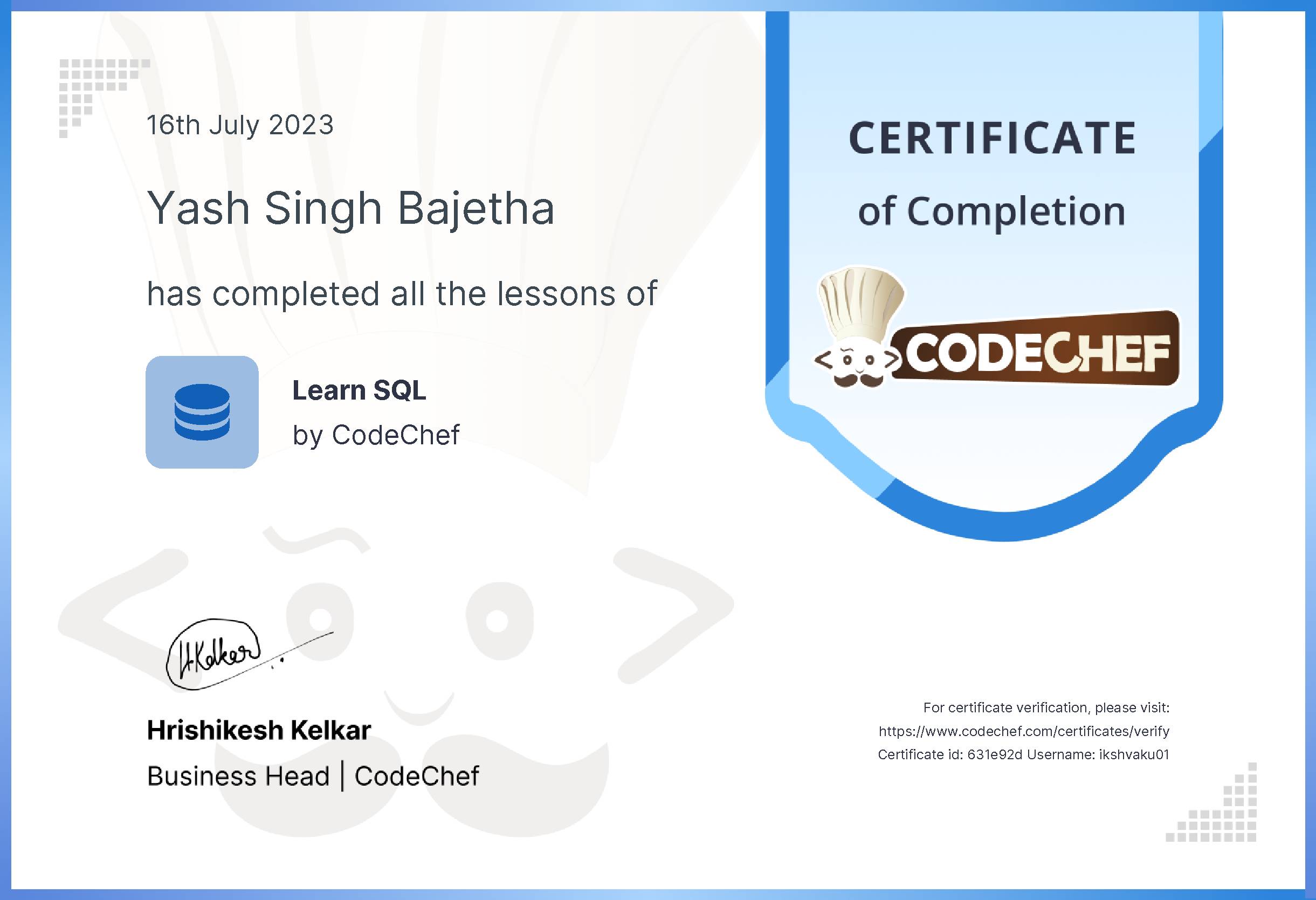 Awarded to Yash Singh Bajetha