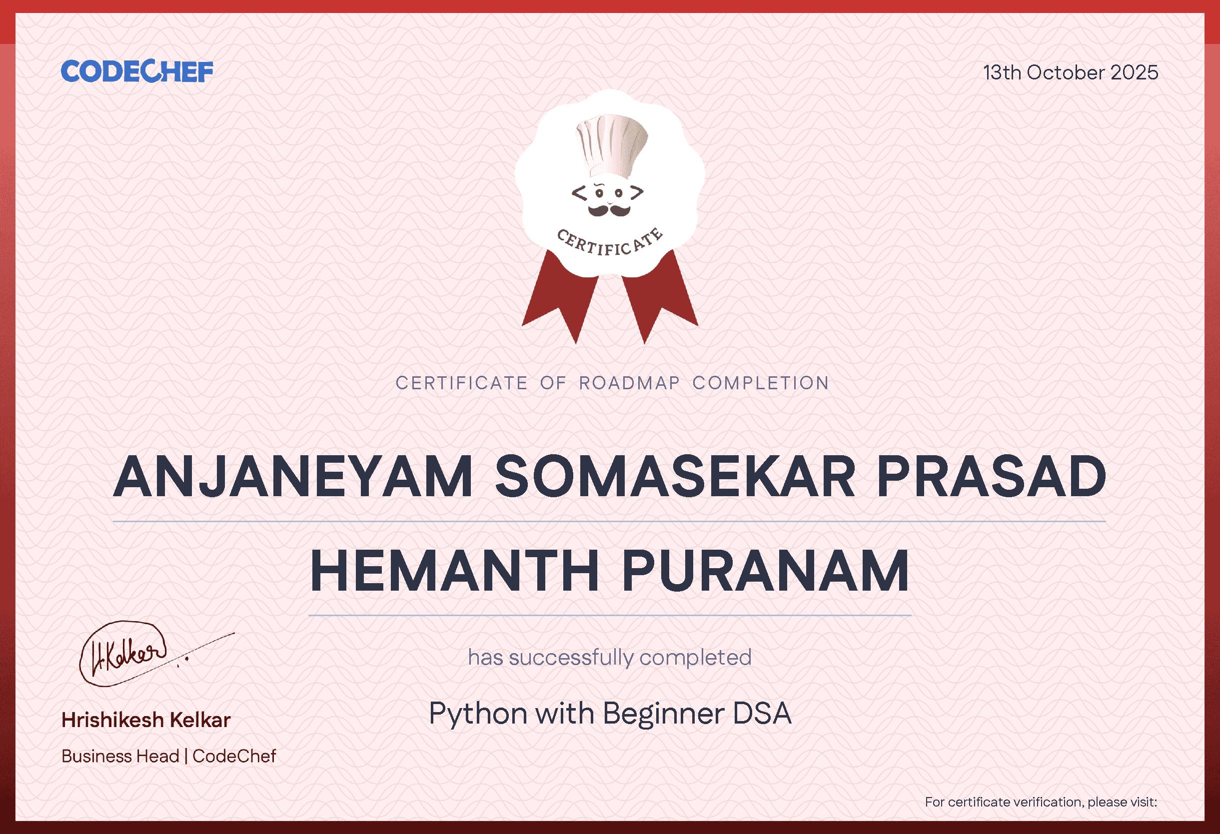 Awarded to ANJANEYAM SOMASEKAR PRASAD HEMANTH PURANAM