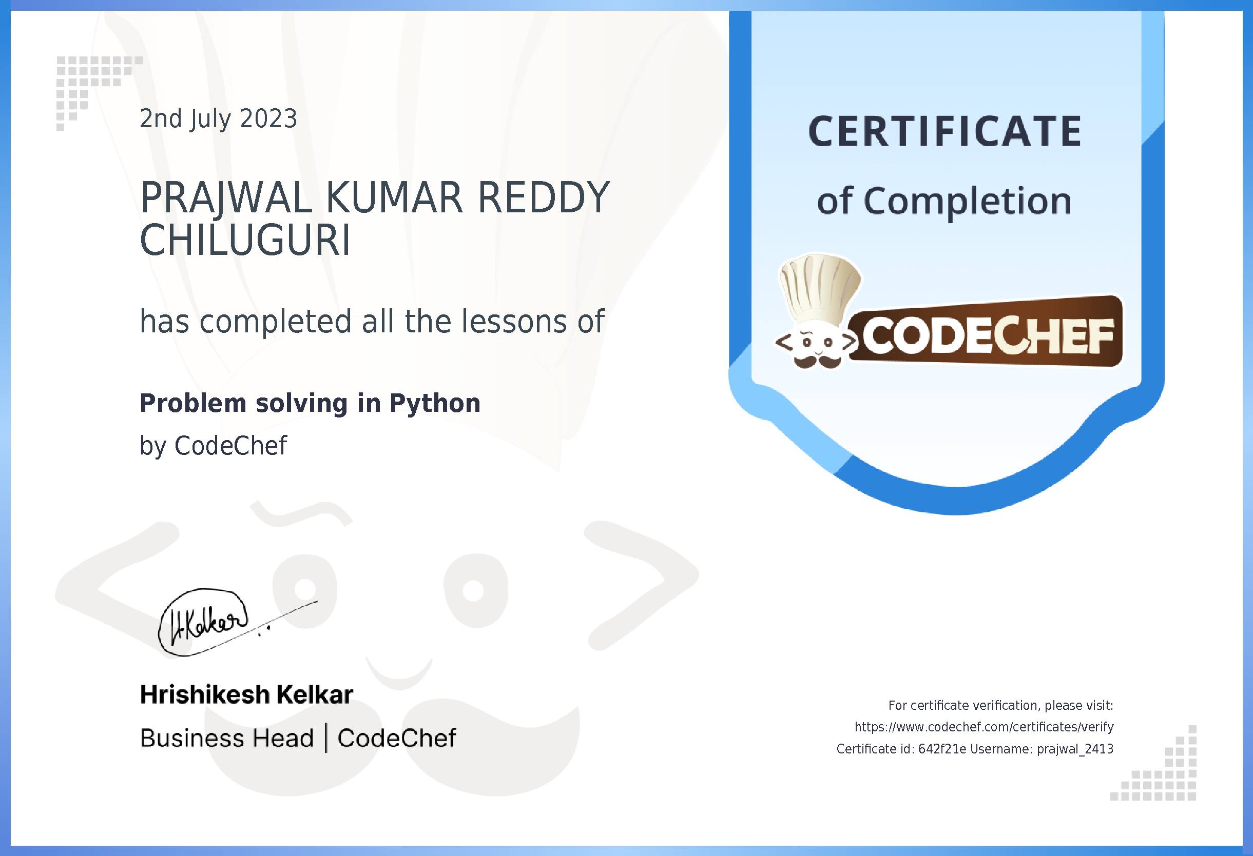 Awarded to PRAJWAL KUMAR REDDY CHILUGURI for completing <a href='/learn/course/python-beginner-v2-p1'>Python for problem solving - 1</a>