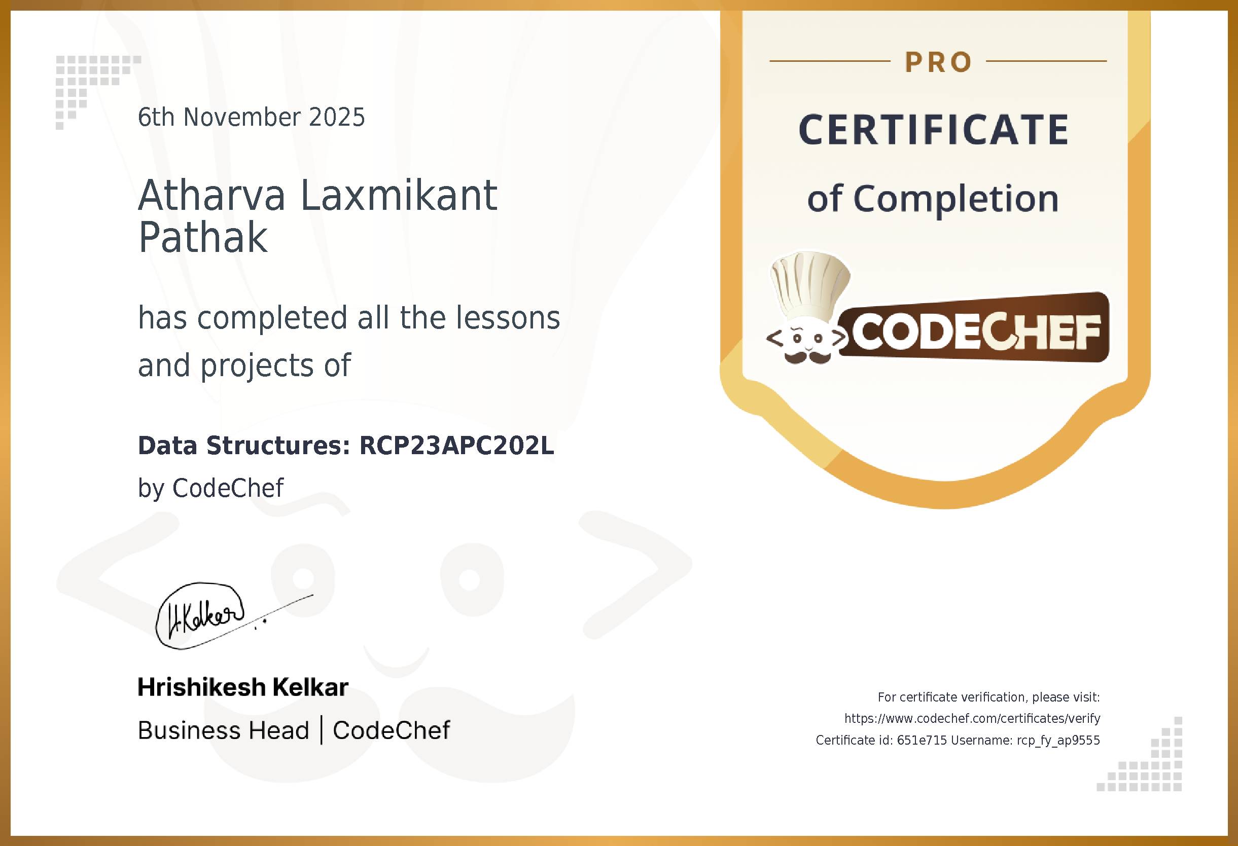Awarded to Atharva Laxmikant Pathak  for completing <a href='/learn/course/rcpit-aiml-dsa-2025'>Data Structures: RCP23APC202L</a>