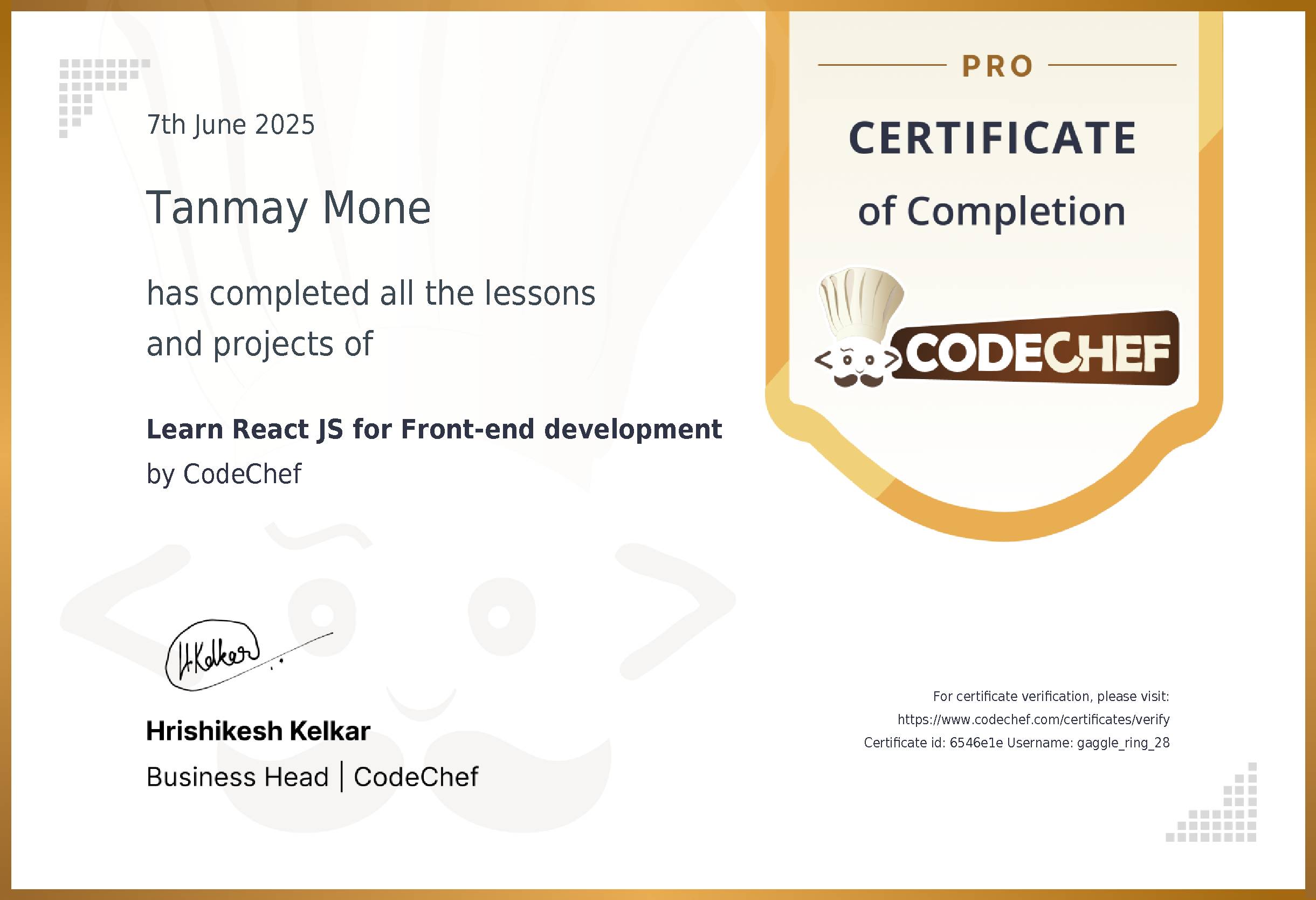 Awarded to Tanmay Mone for completing <a href='/learn/course/react-js'>Learn React JS for Front-end development</a>