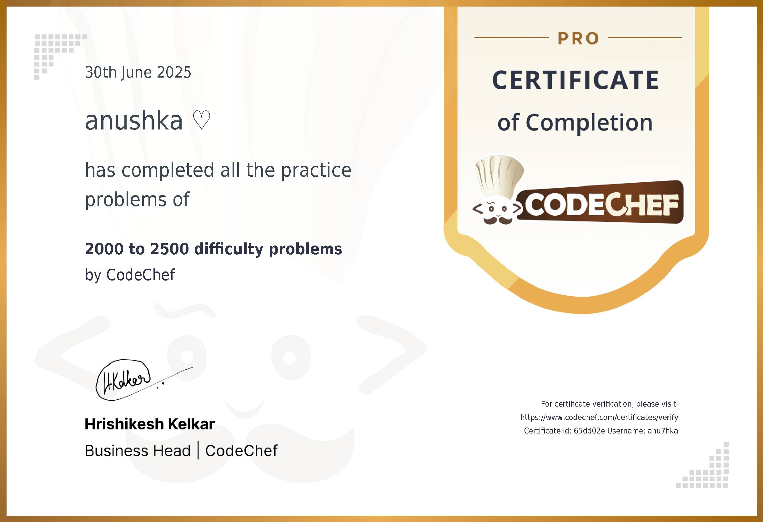 Awarded to anushka ? for completing <a href='/practice/5-star-and-above-problems'>2000 to 2500 difficulty problems</a>