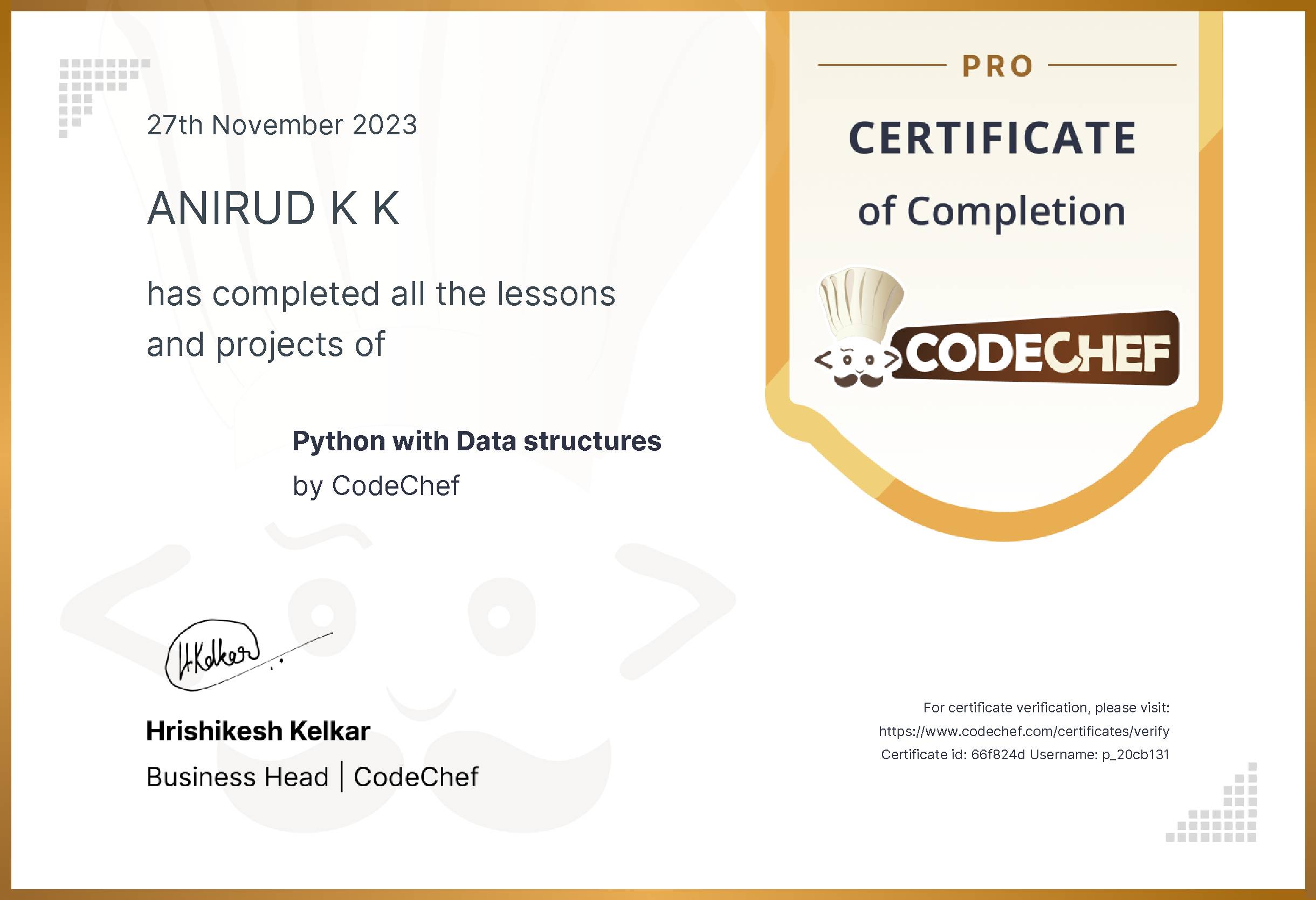 Awarded to ANIRUD K K for completing <a href='/learn/course/panimalar-python-dsa'>Python with Data structures</a>