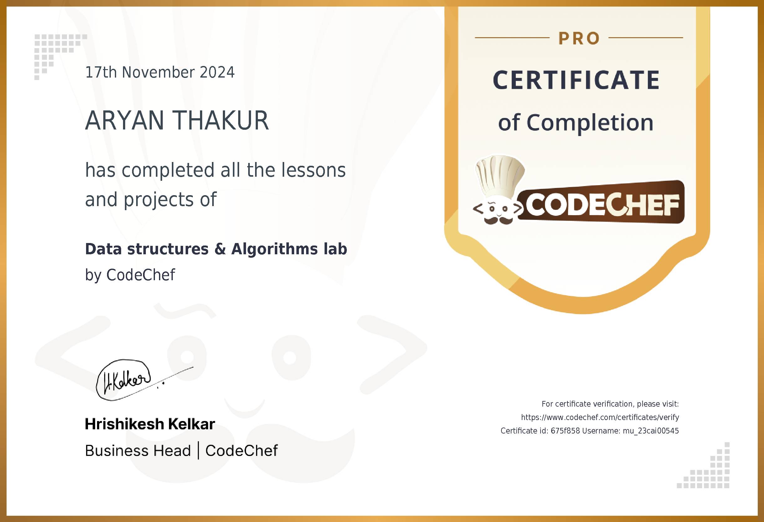 Awarded to ARYAN THAKUR for completing <a href='/learn/course/muj-aiml-dsa-c'>Data structures & Algorithms lab</a>