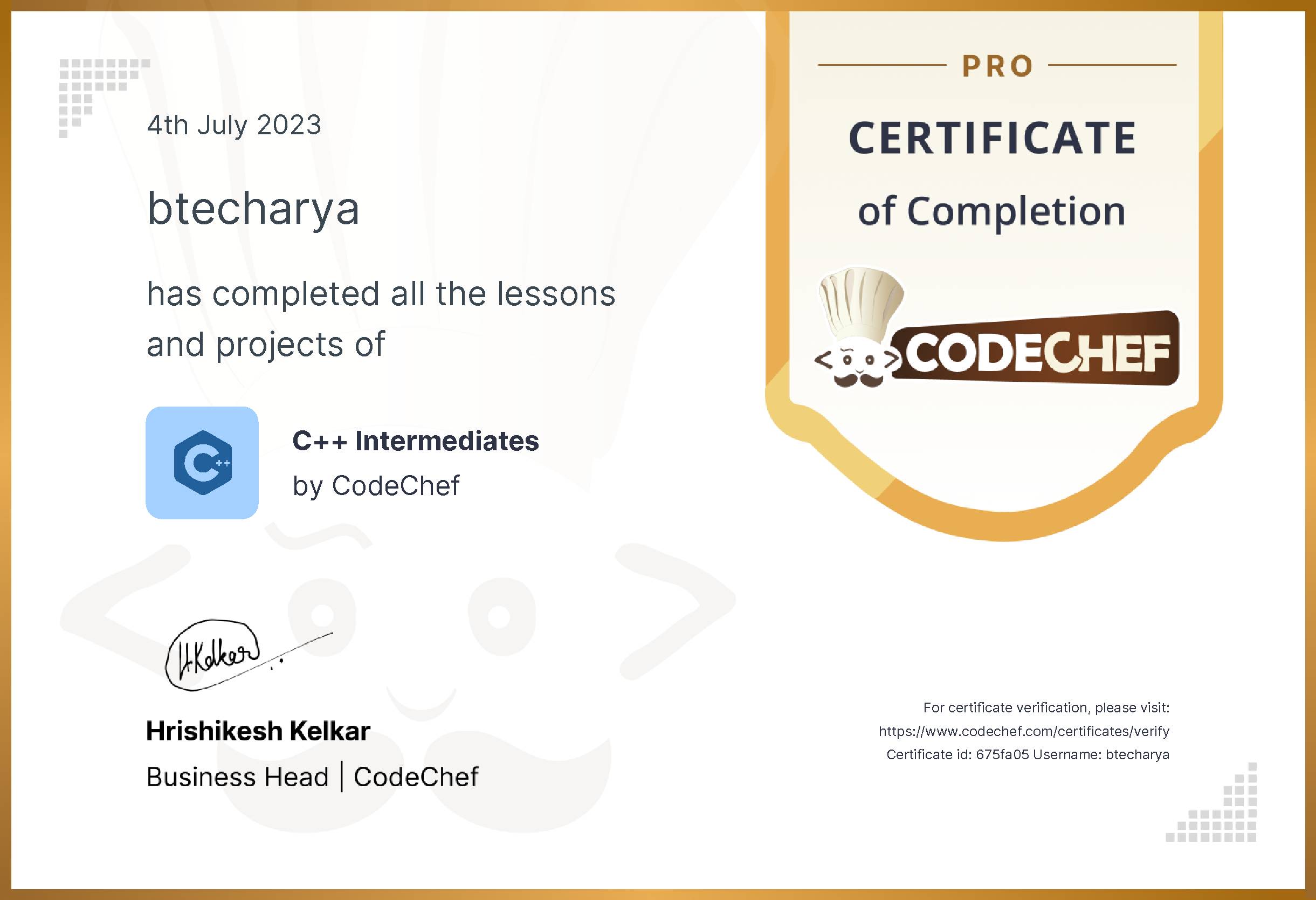 Awarded to btecharya for completing <a href='/learn/course/cpp-beginner'>C++ Intermediates - Pro</a>