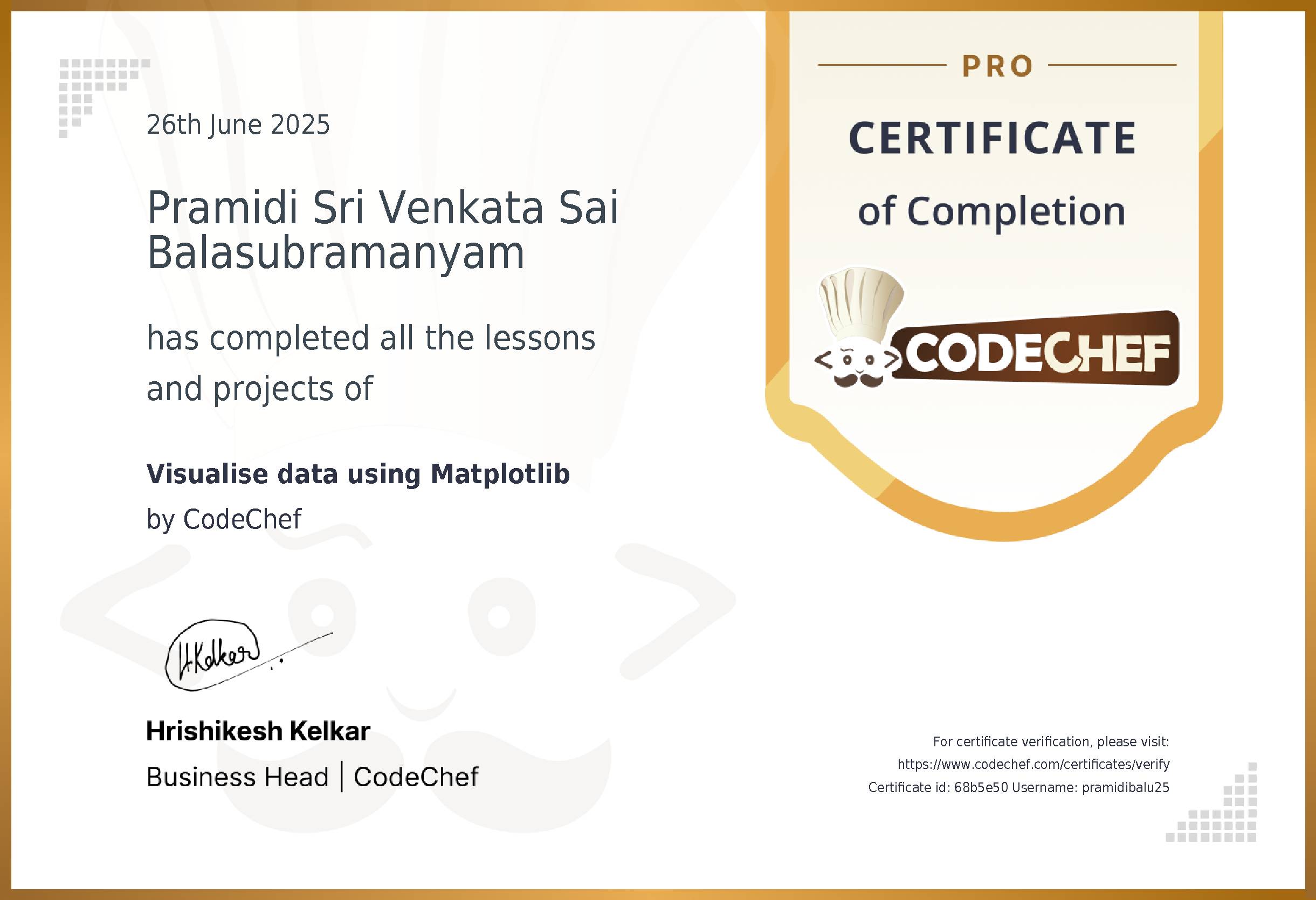 Awarded to Pramidi Sri Venkata Sai Balasubramanyam for completing <a href='/learn/course/matplotlib'>Visualise data using Matplotlib</a>