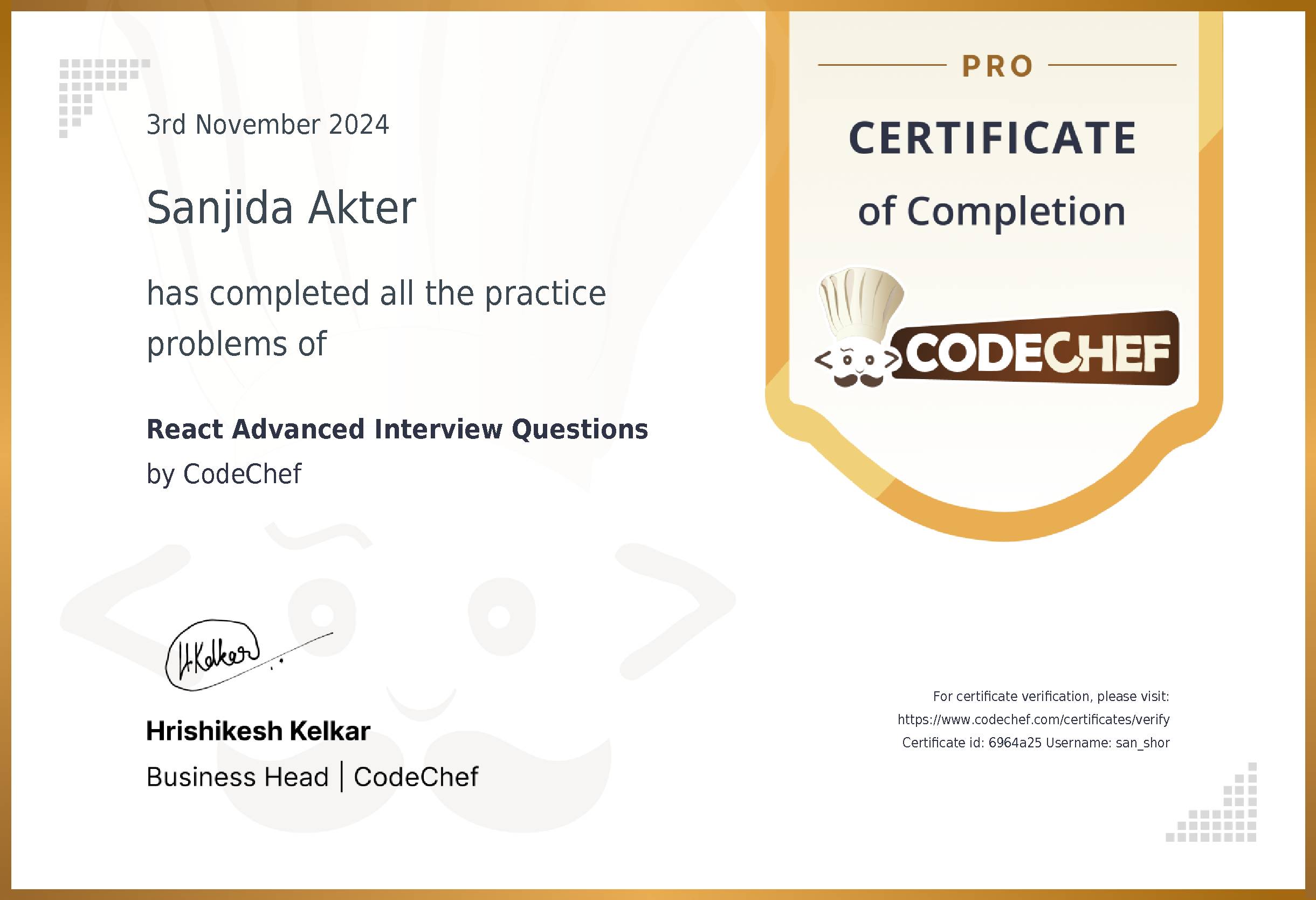 Awarded to Sanjida Akter for completing <a href='/practice/react-advanced'>React Advanced Interview Questions</a>