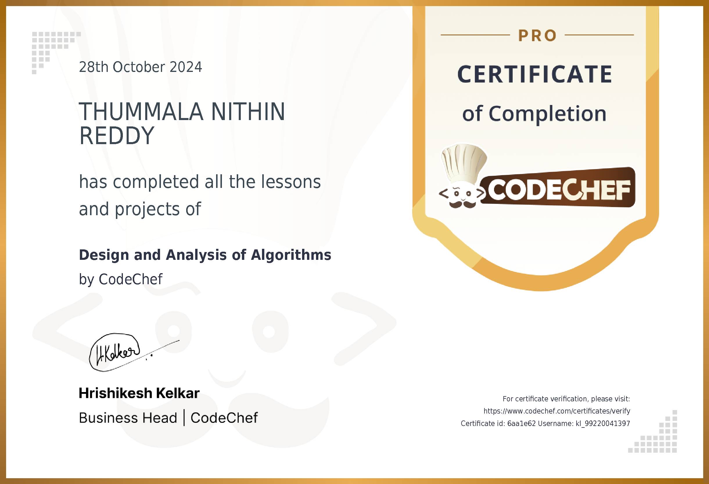 Awarded to THUMMALA NITHIN REDDY for completing <a href='/learn/course/kl-daa'>Design and Analysis of Algorithms</a>
