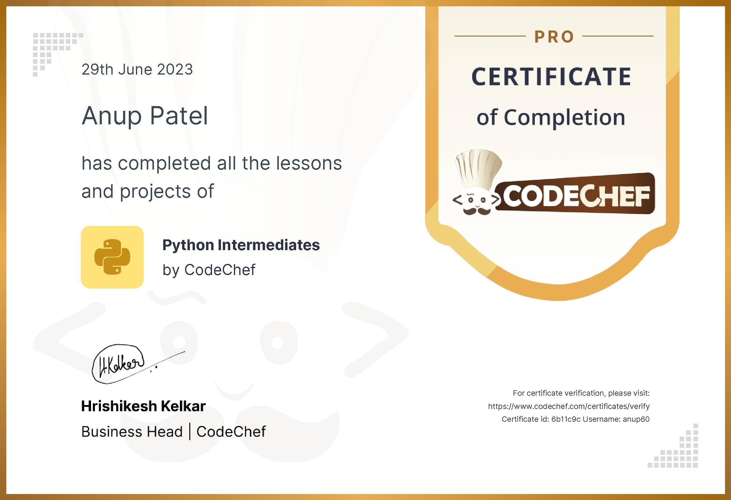 Awarded to Anup Patel for completing <a href='/learn/course/python-beginner'>Python Intermediates - Pro</a>