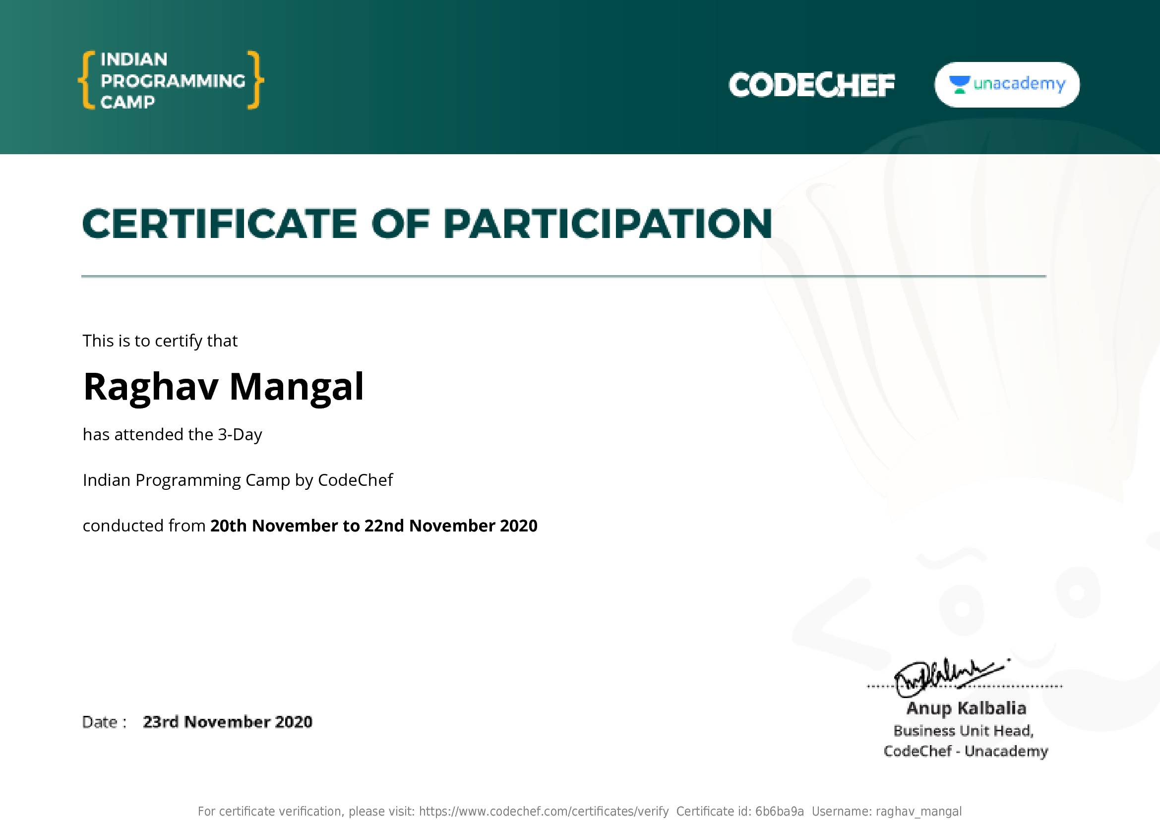 Awarded to Raghav Mangal