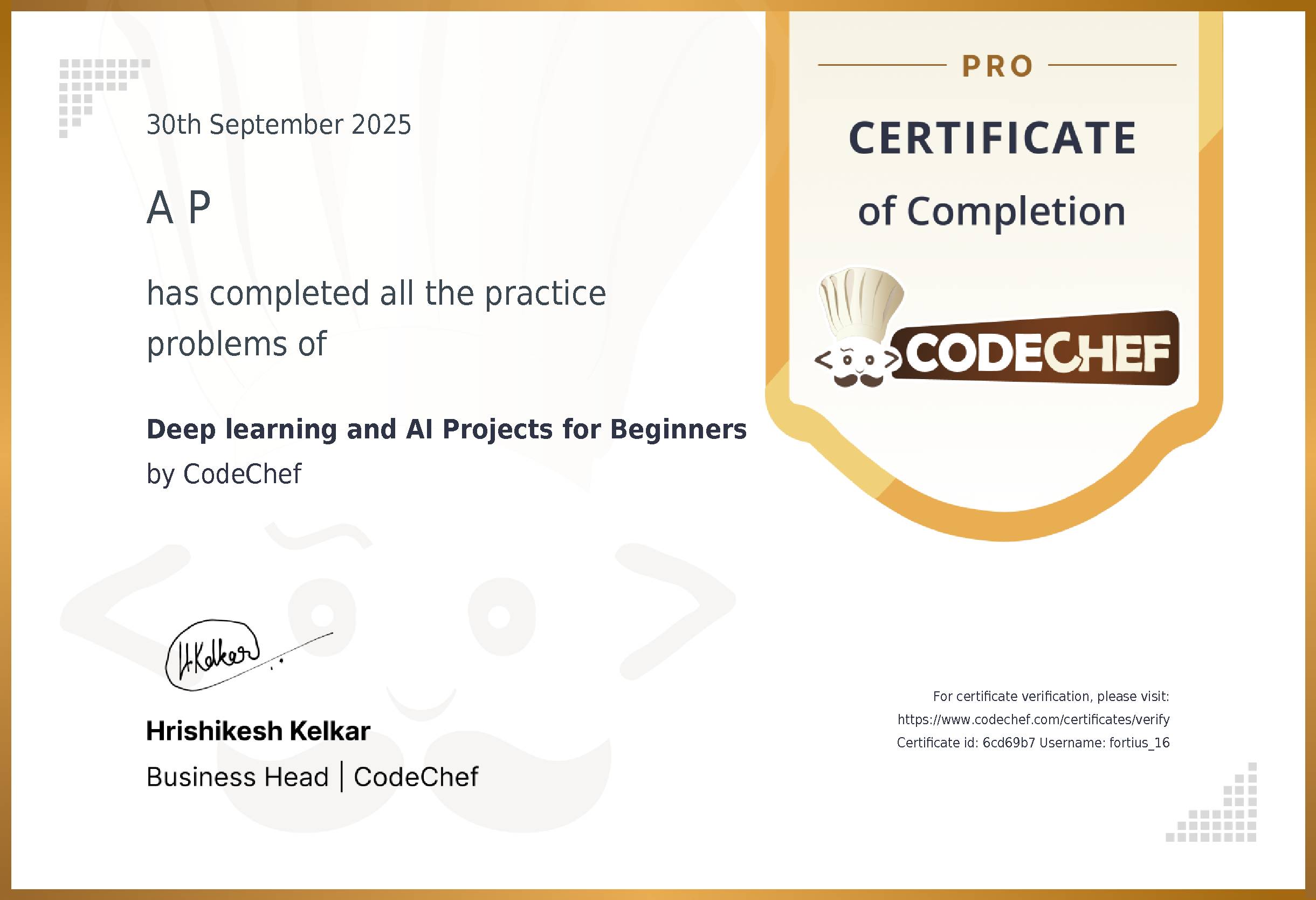 Awarded to A P for completing <a href='/practice/deep-learning-ai-projects'>Deep learning and AI Projects for Beginners</a>