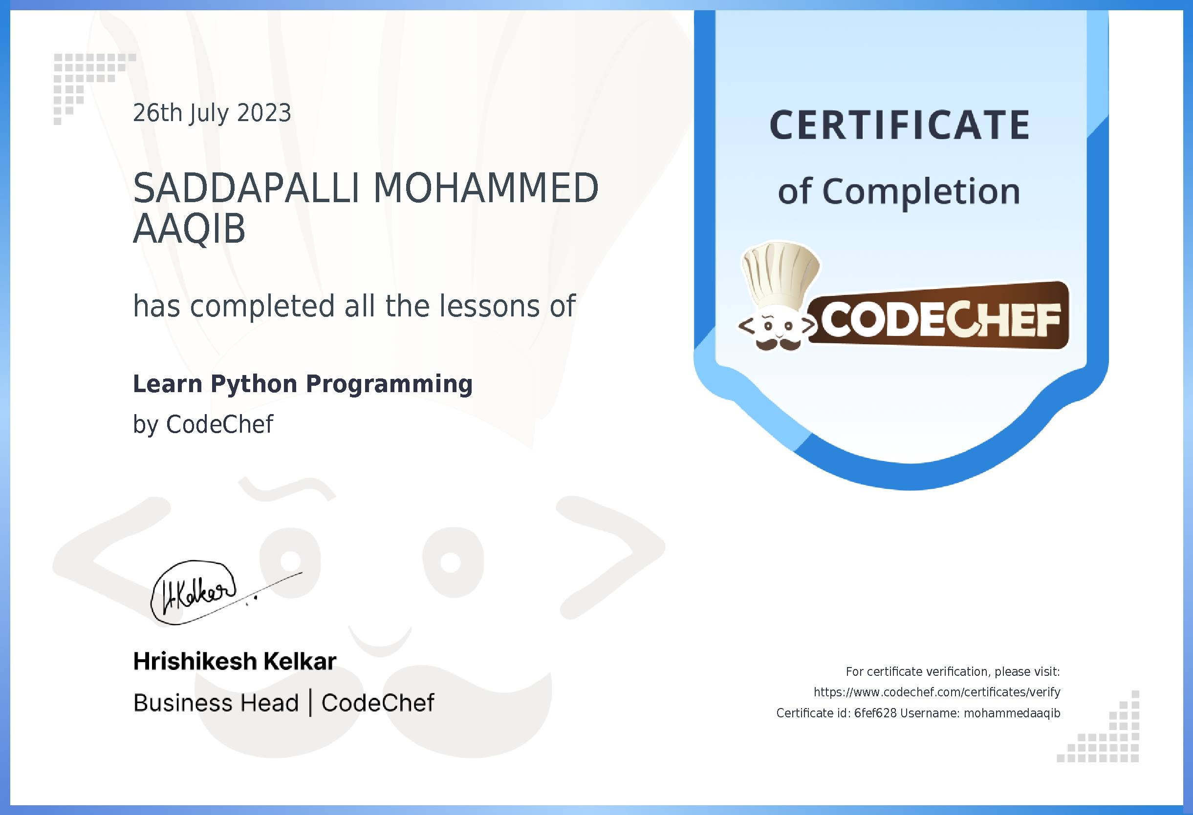 Awarded to SADDAPALLI MOHAMMED AAQIB for completing <a href='/learn/course/python'>Learn Python</a>