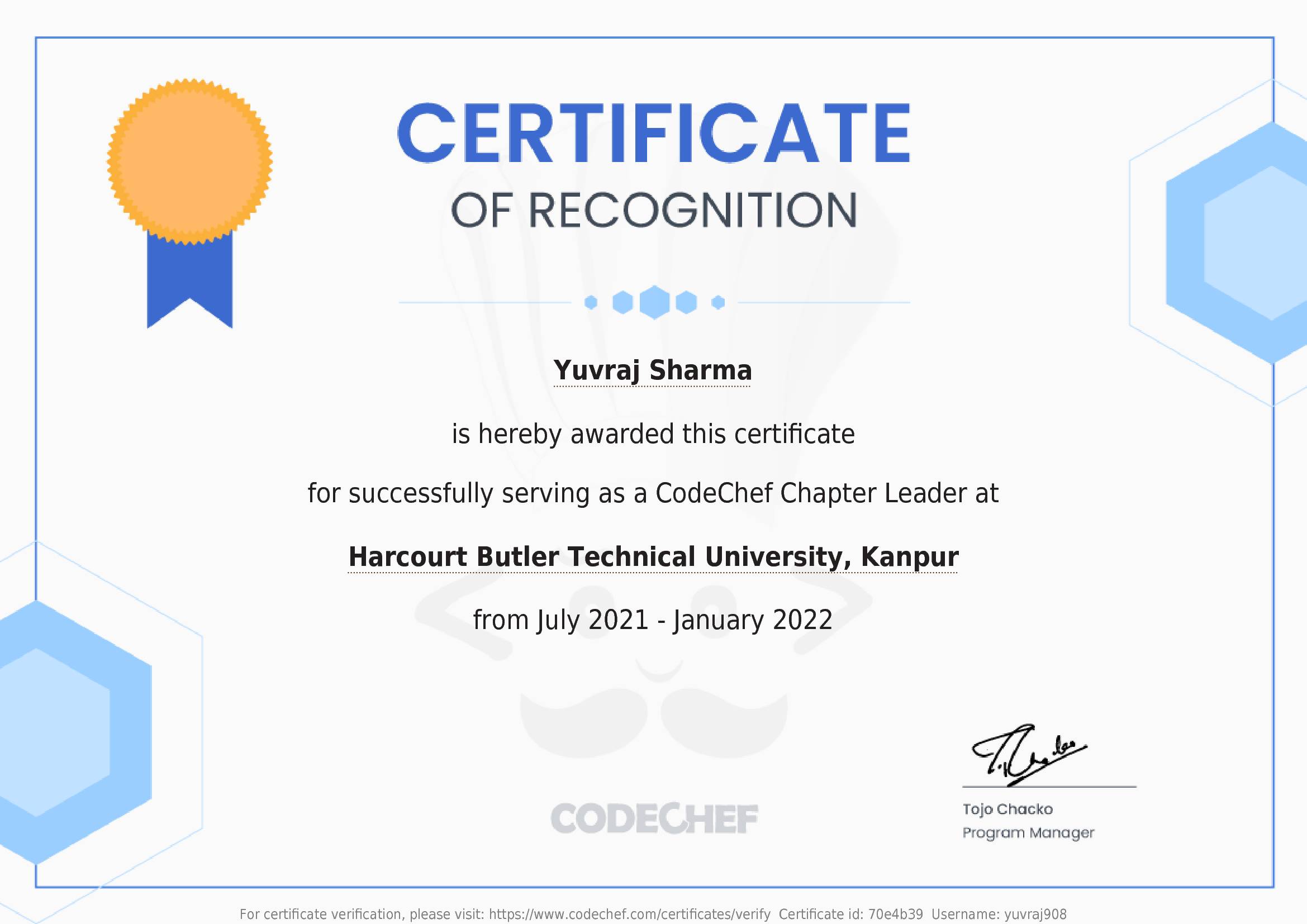 Awarded to Yuvraj Sharma