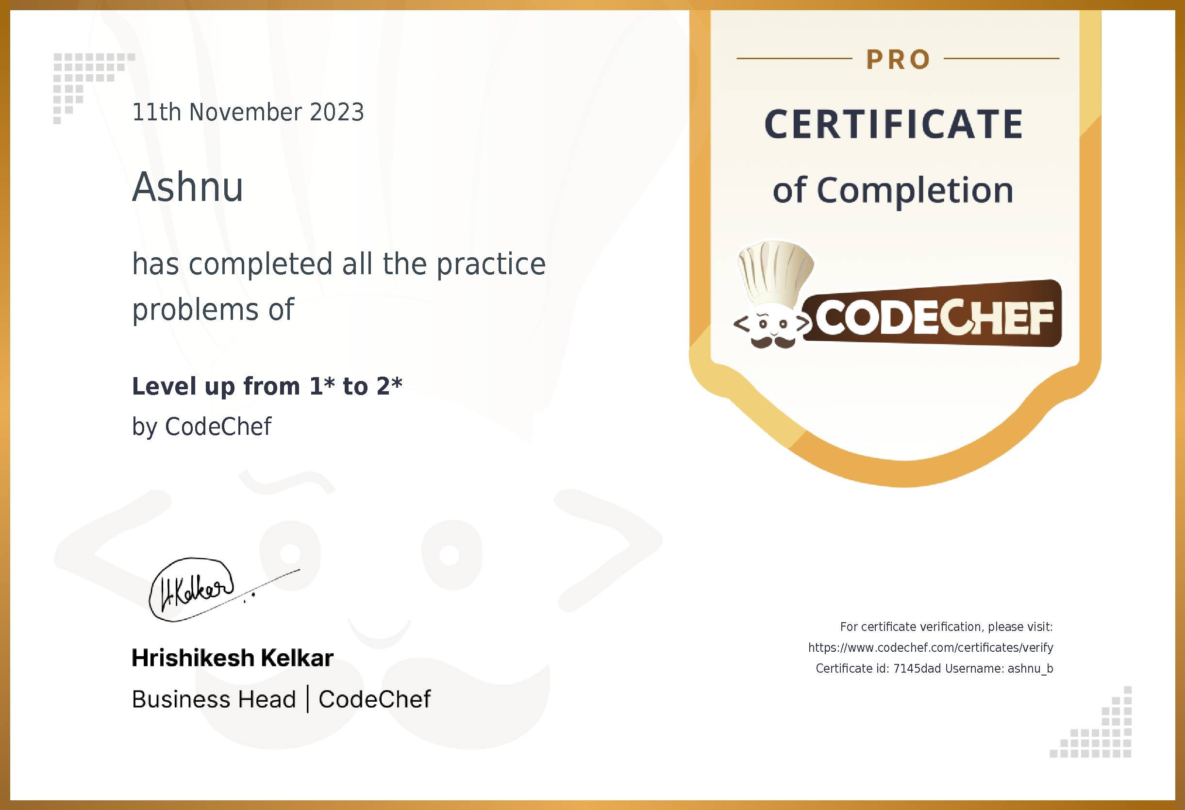 Awarded to Ashnu for completing <a href='/practice/1to2stars'>Level up from 1* to 2*</a>