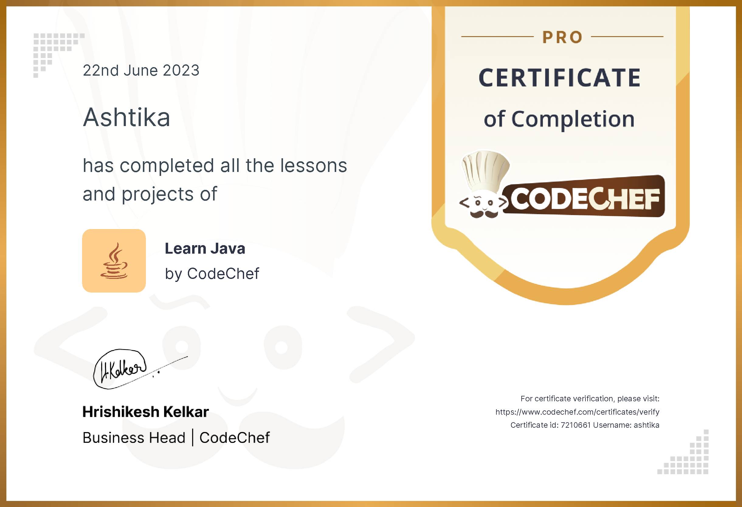 Awarded to Ashtika for completing <a href='/learn/course/java-old'>Learn Java - Pro</a>