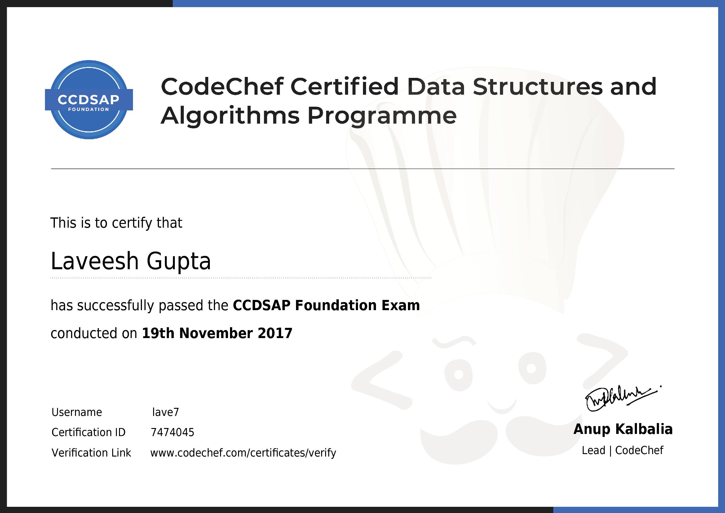 Awarded to Laveesh Gupta