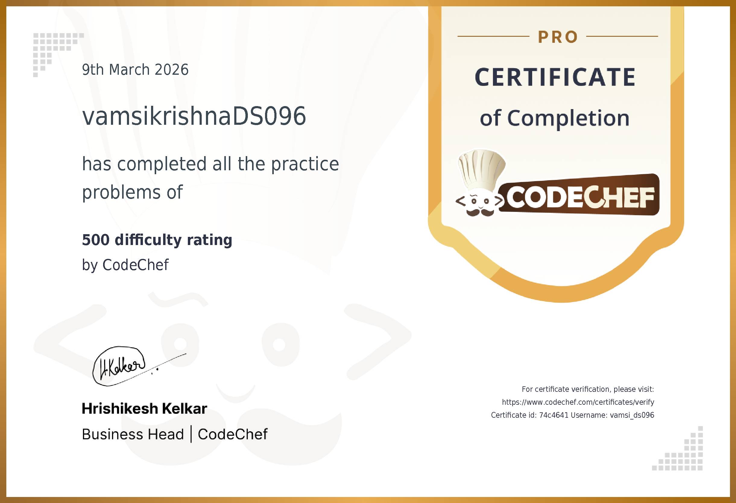 Awarded to vamsikrishnaDS096 for completing <a href='/practice/basic-programming-concepts'>500 difficulty rating</a>