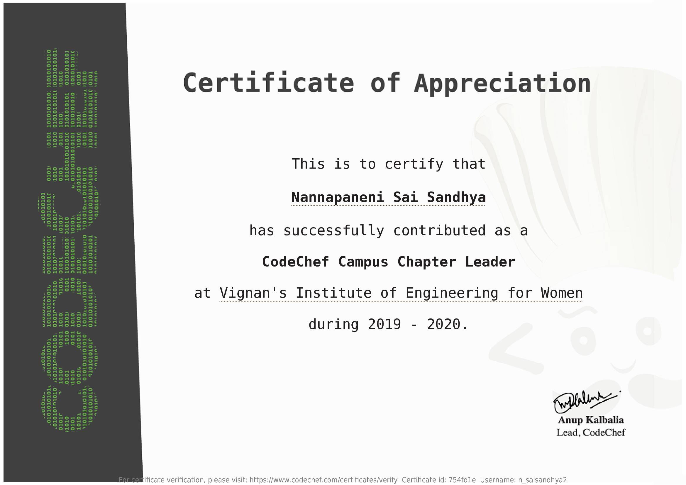 Awarded to Nannapaneni Sai Sandhya