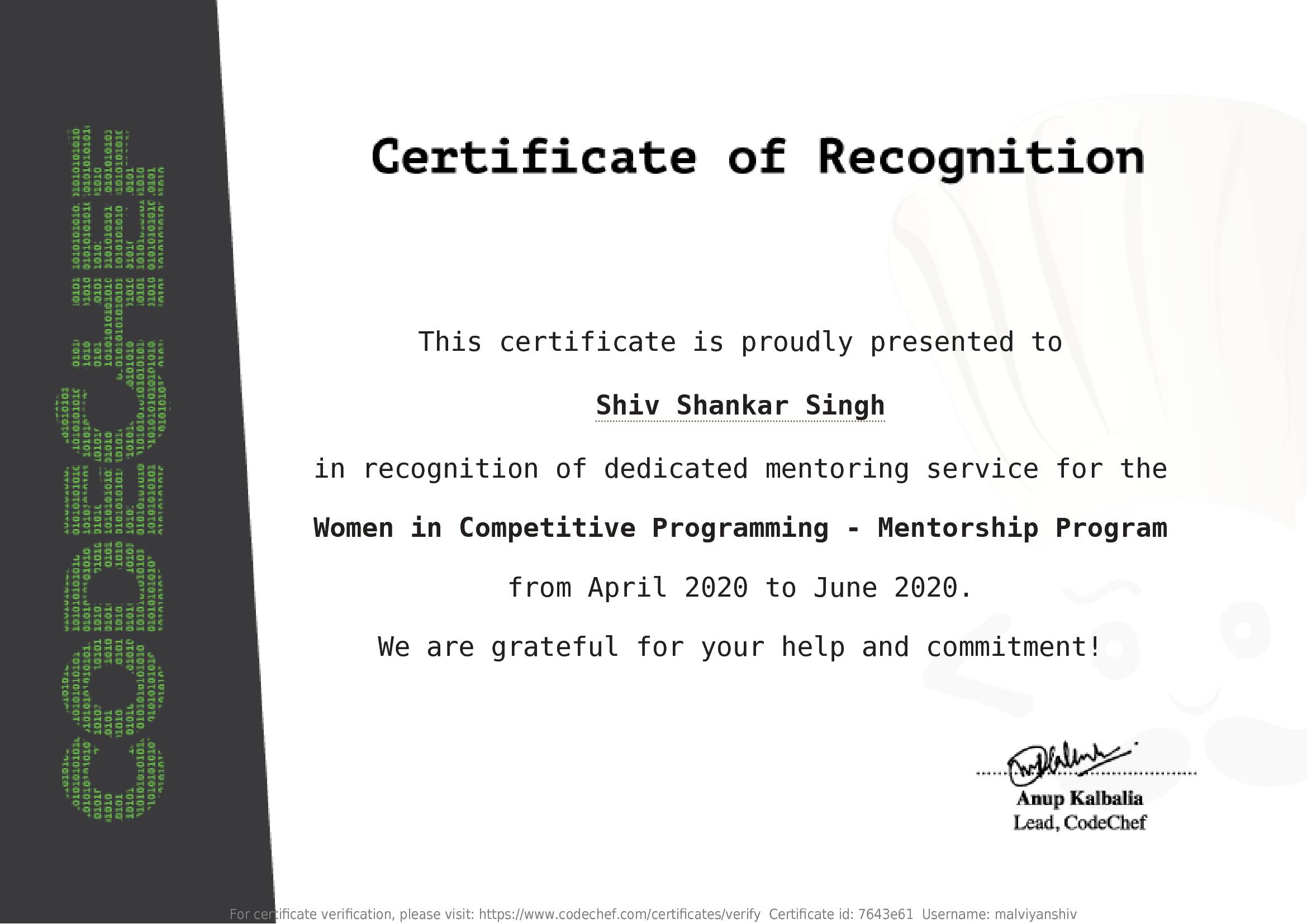 Awarded to Shiv Shankar Singh