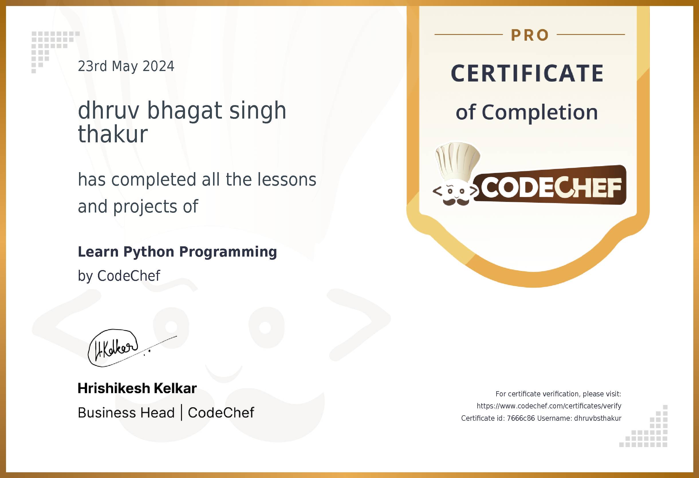 Awarded to dhruv bhagat singh thakur for completing <a href='/learn/course/python'>Learn Python</a>