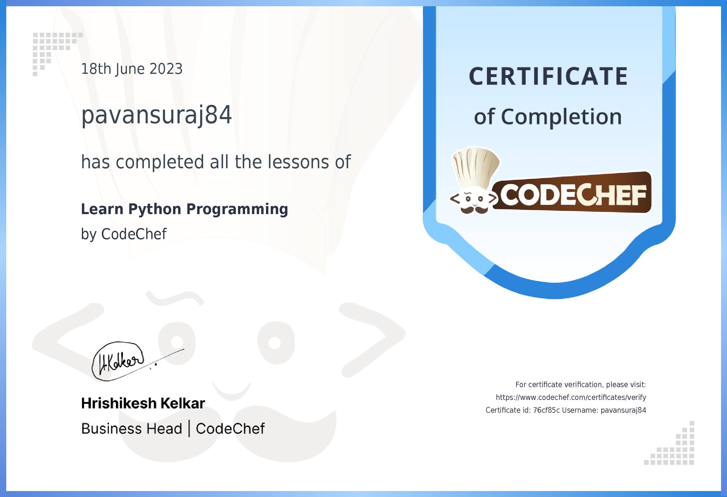 Awarded to pavansuraj84 for completing <a href='/learn/course/python'>Learn Python</a>