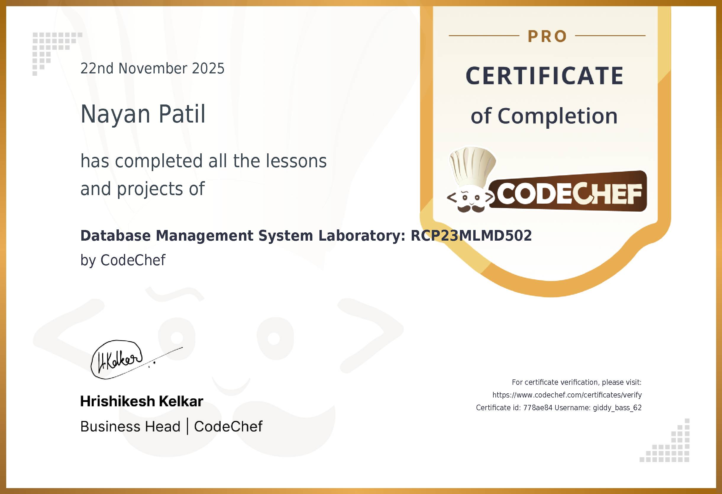 Awarded to Nayan Patil for completing <a href='/learn/course/rcpit-me-dbms-s5-2025'>Database Management System Laboratory: RCP23MLMD502</a>