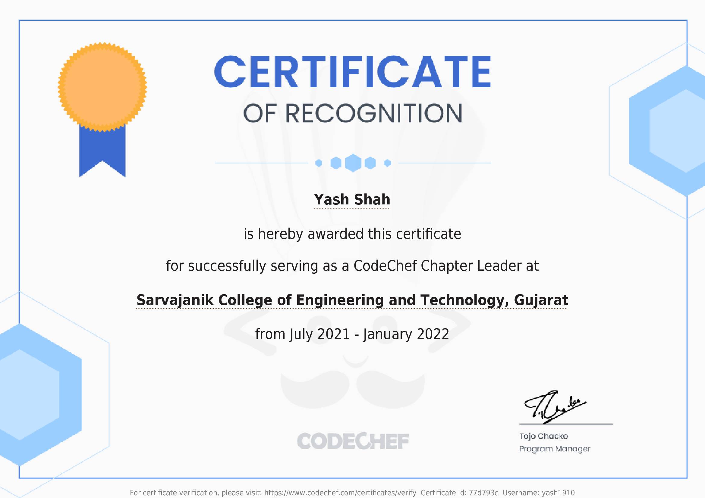 Awarded to Yash Shah